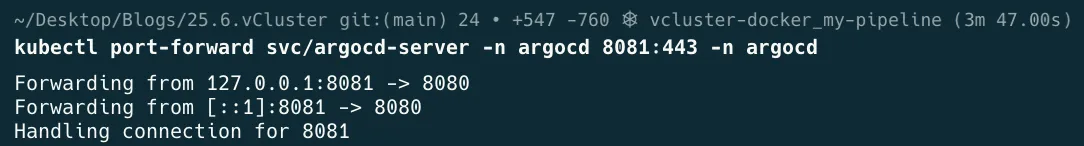 Terminal output of kubectl port-forward for the argocd-server service on local port 8081