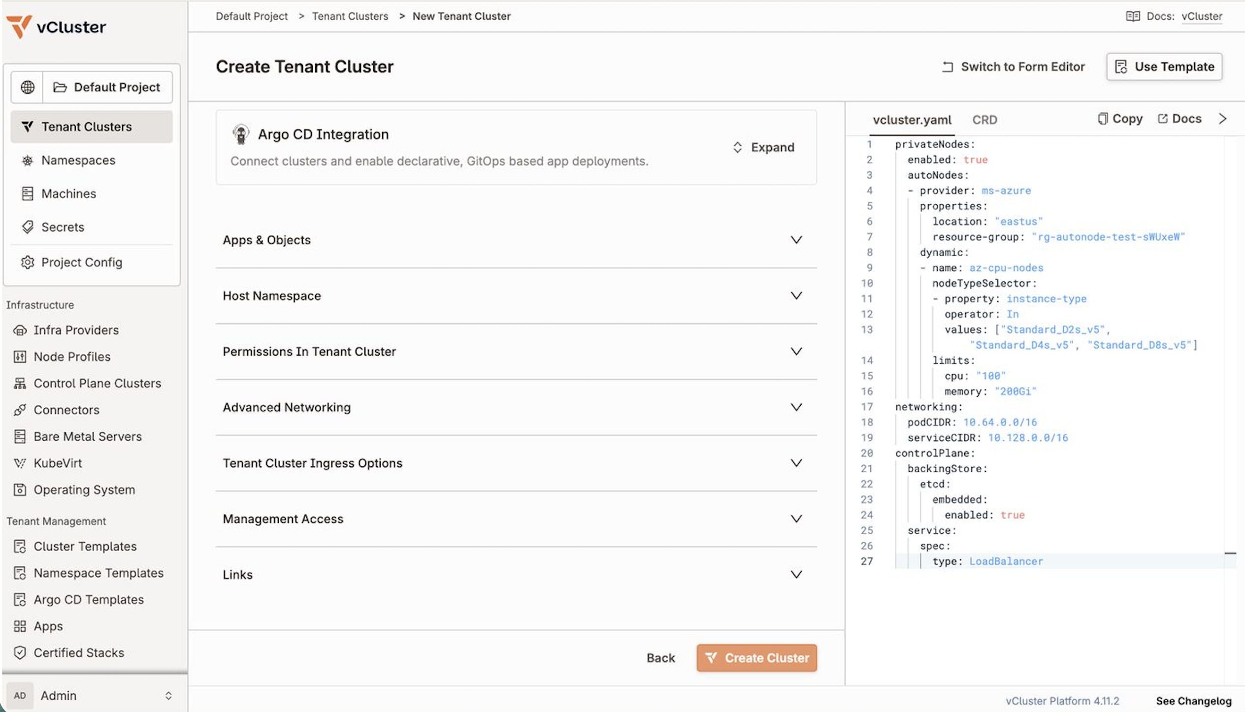 Tenant cluster YAML editor with the autoNodes block for Azure