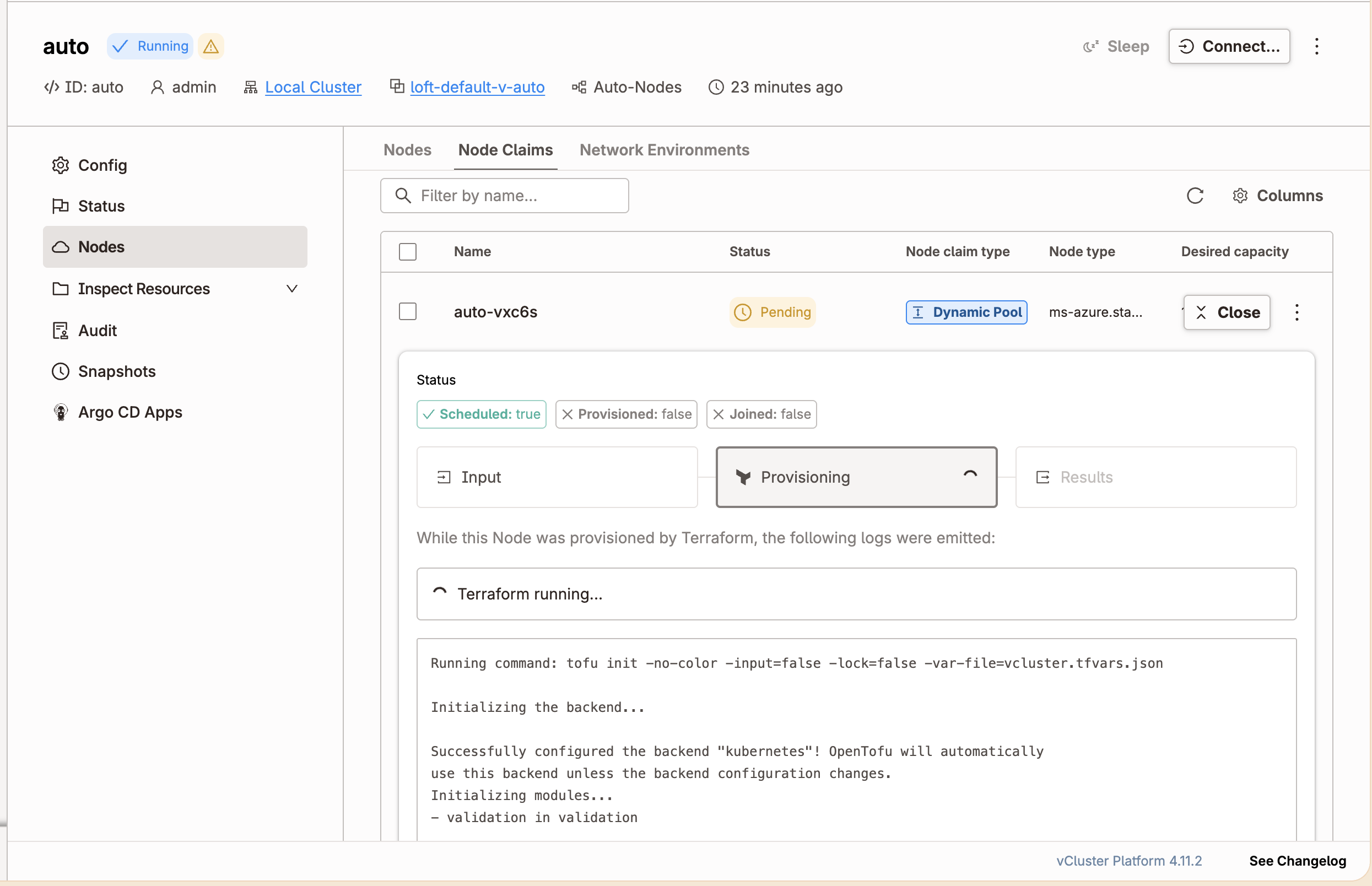 Node claim detail showing Scheduled true, Provisioned false, Joined false, with Terraform running in the provisioning logs