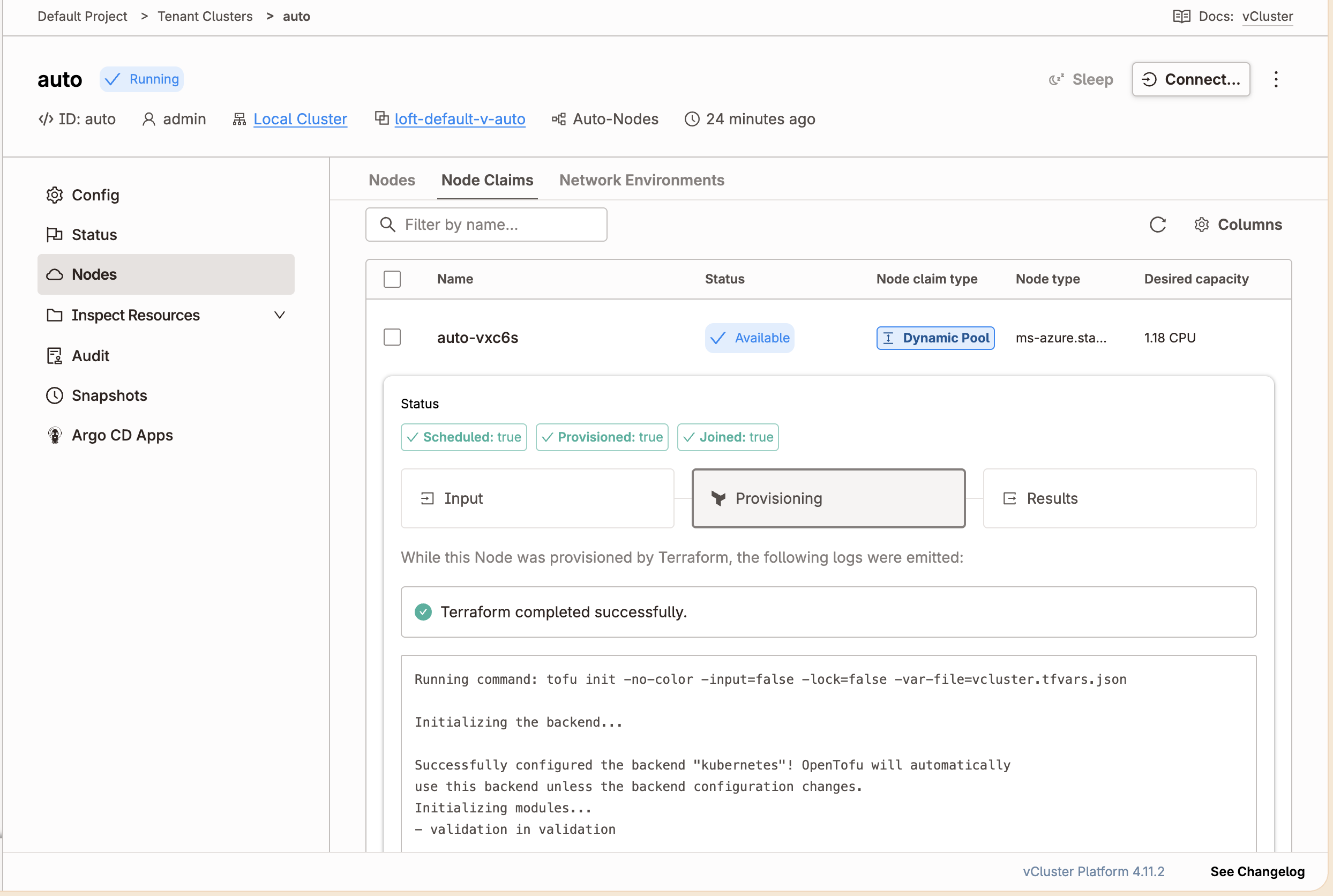 Node claim detail showing Scheduled true, Provisioned true, Joined true, with Terraform completed successfully