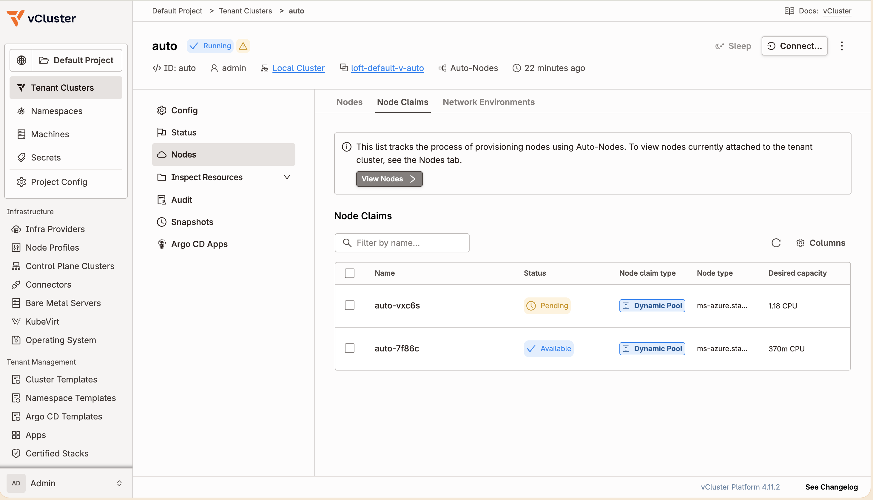 Node Claims tab showing a new claim in Pending status alongside the existing Available node