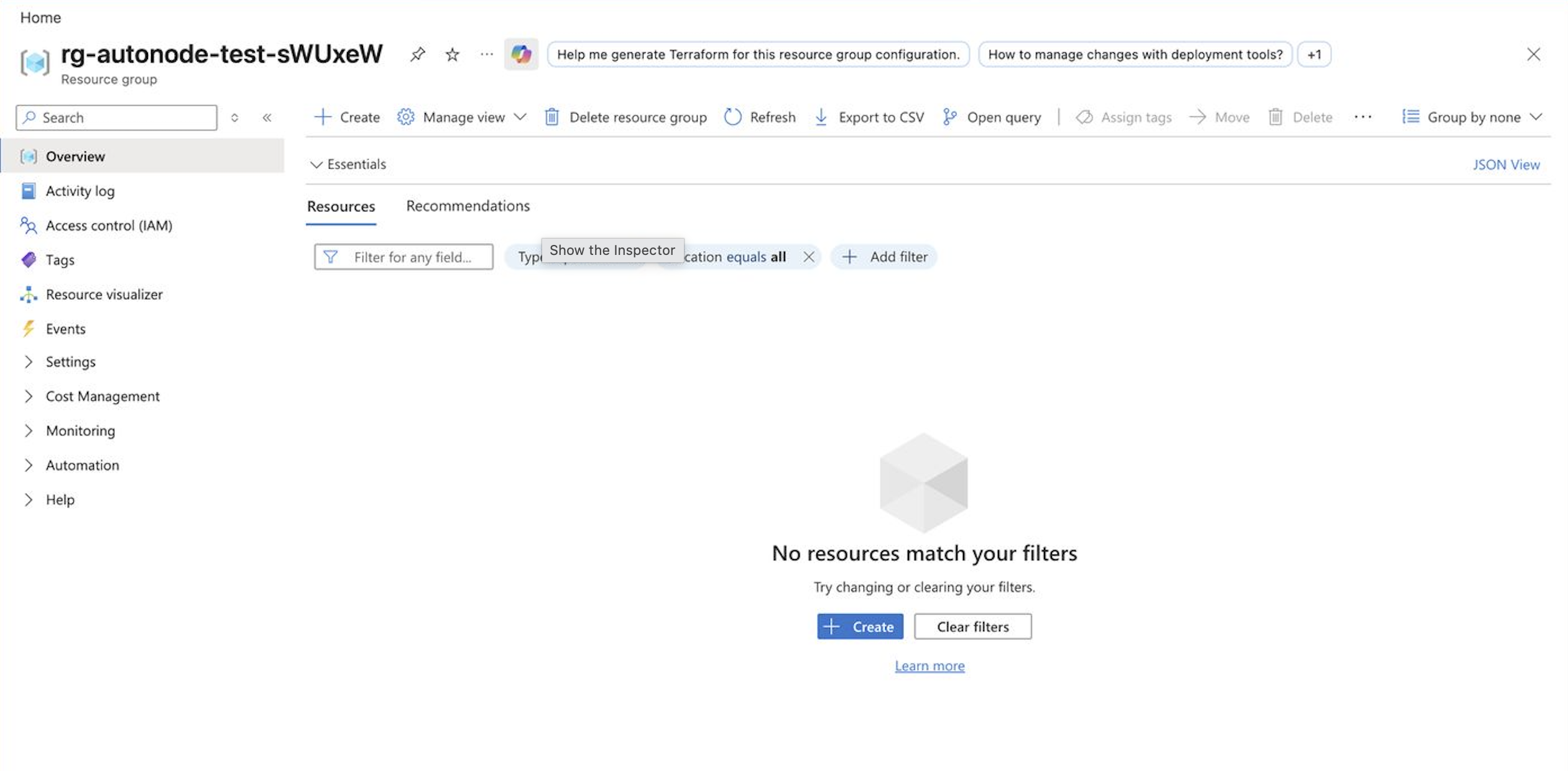 Empty Azure resource group before Auto Nodes creates resources in it