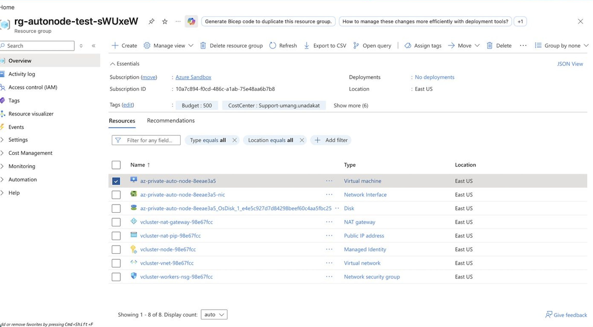 Azure Portal resource group showing the resources Auto Nodes created