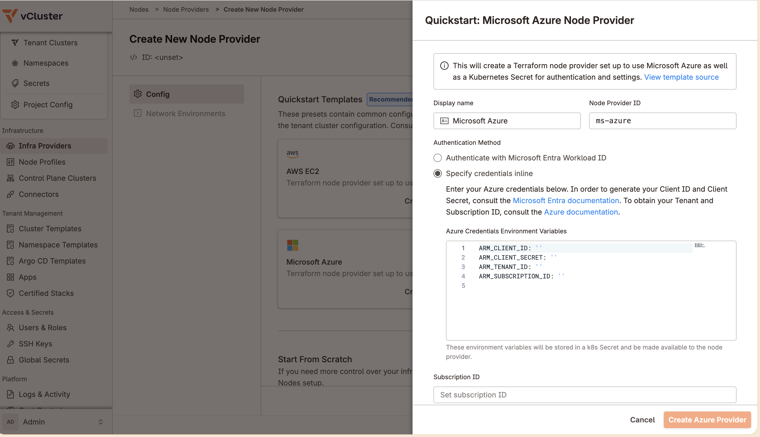 Azure Node Provider Quickstart panel with Specify credentials inline selected and the ARM credential environment variables