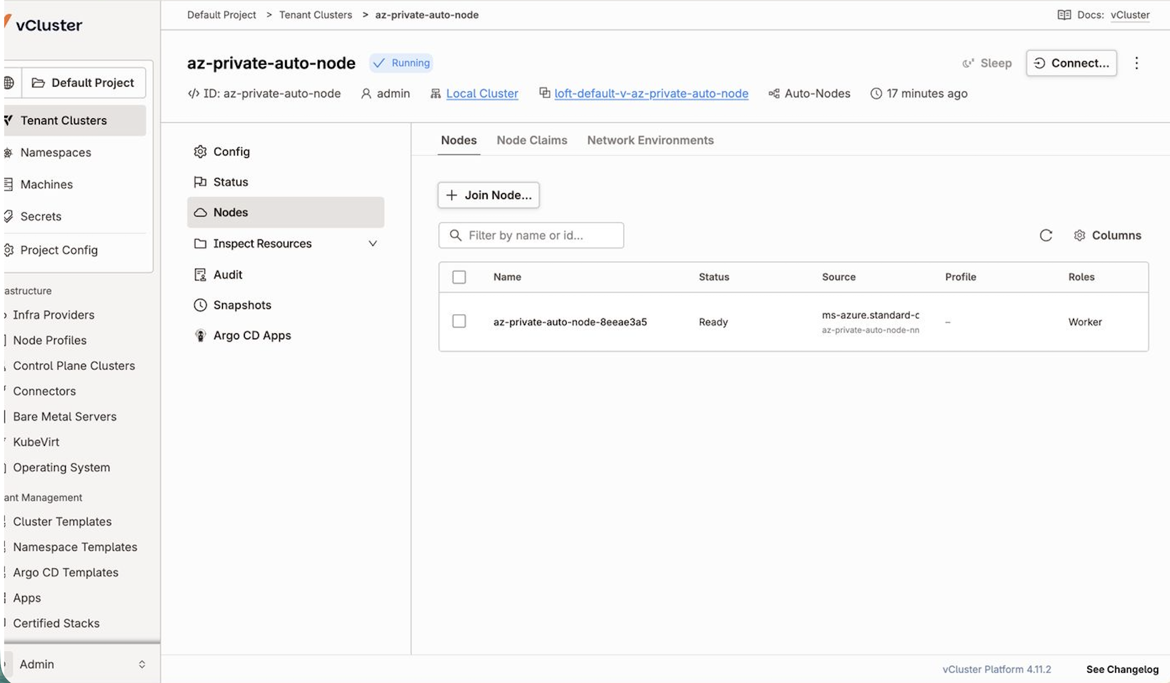 Azure node showing Ready status in the Platform UI