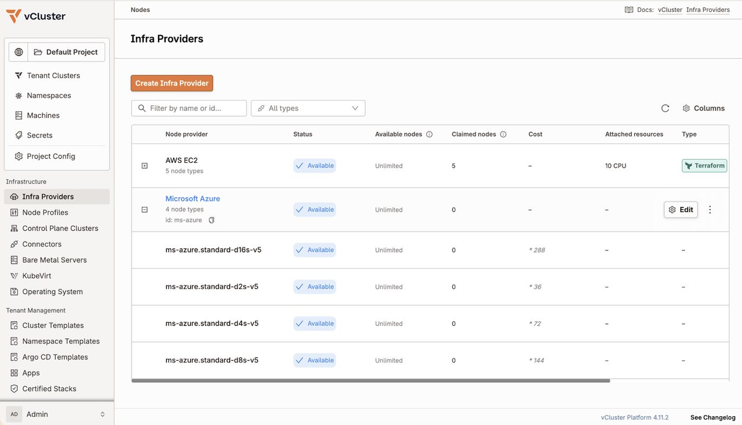 AWS and Azure Node Providers listed side by side in the Platform UI
