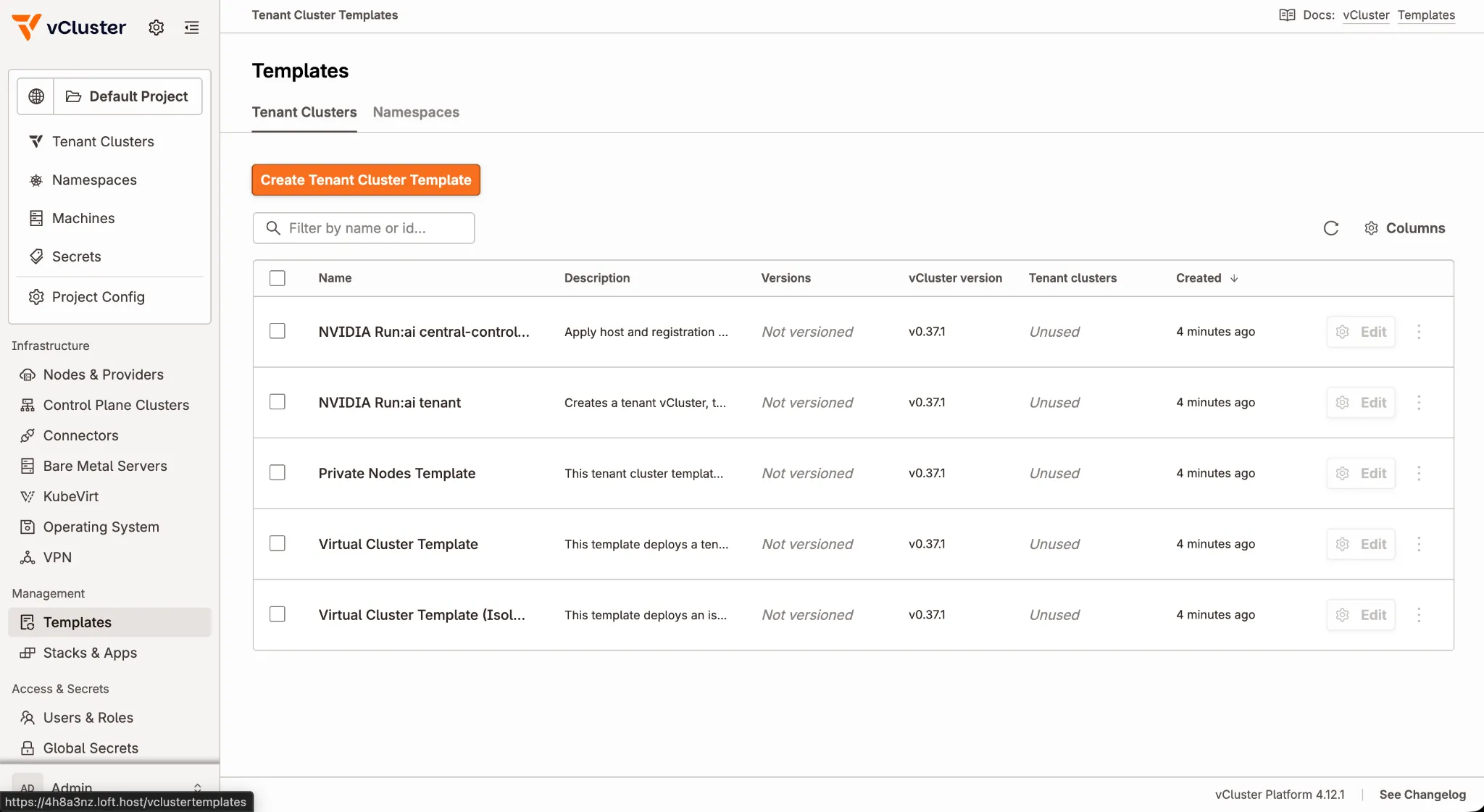 The NVIDIA Run:ai tenant template in the Tenant Clusters templates list