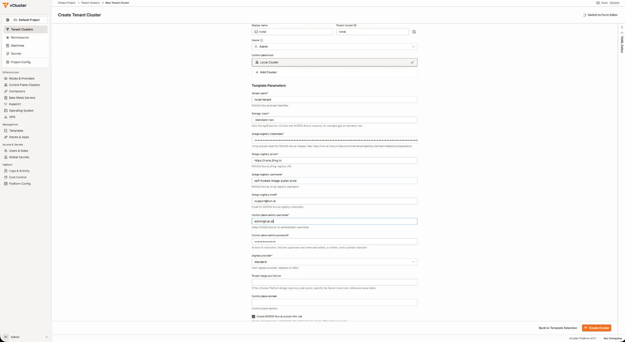 The template parameters form collecting storage class, registry access, administrator credentials, and ingress settings