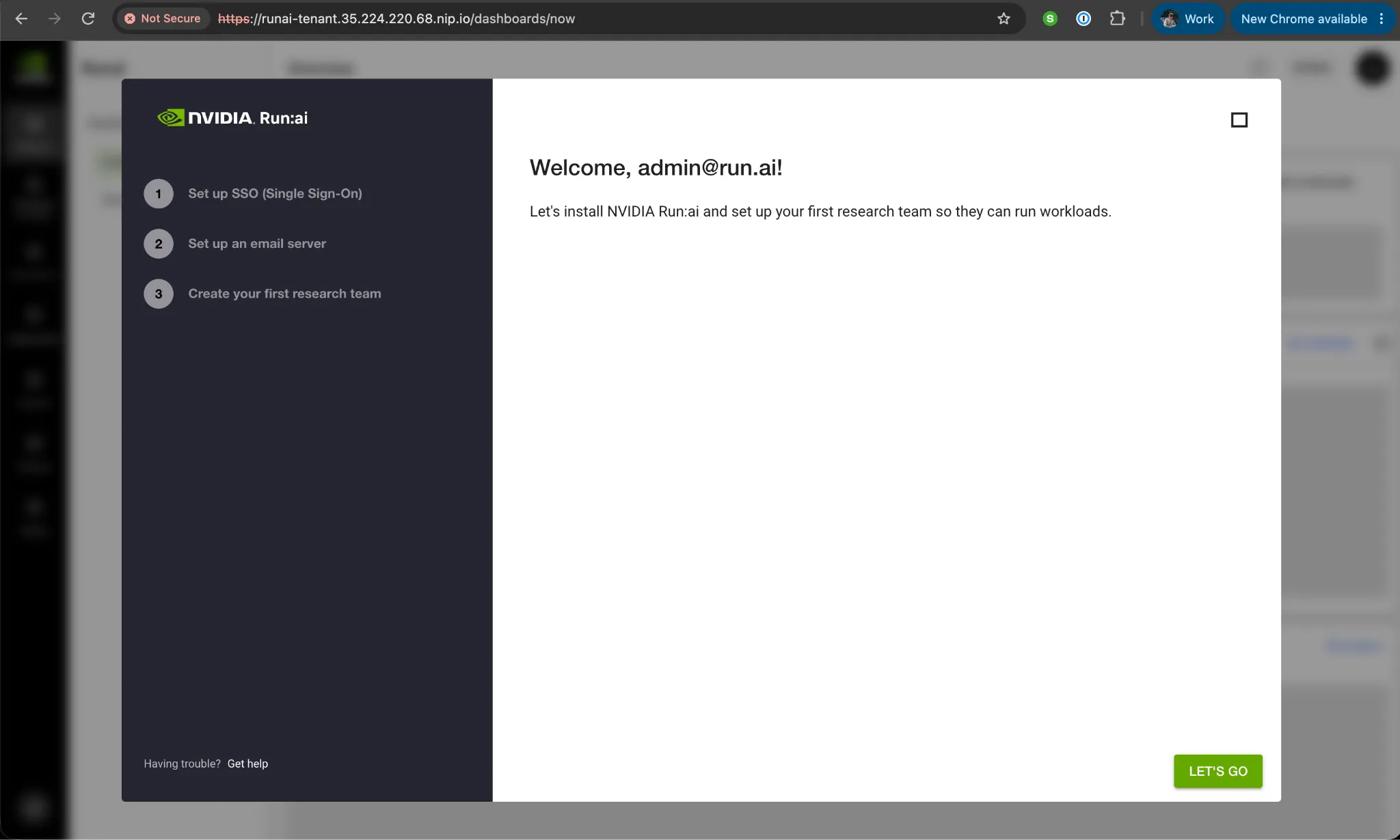 The NVIDIA Run:ai welcome screen shown after the first successful sign-in