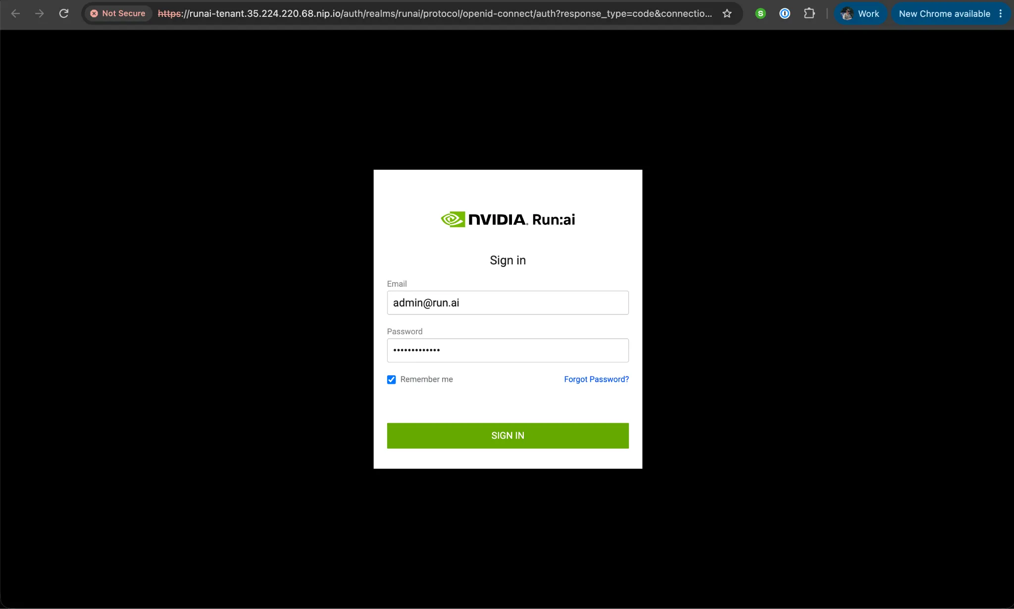 The NVIDIA Run:ai sign-in screen reached through the deployed ingress