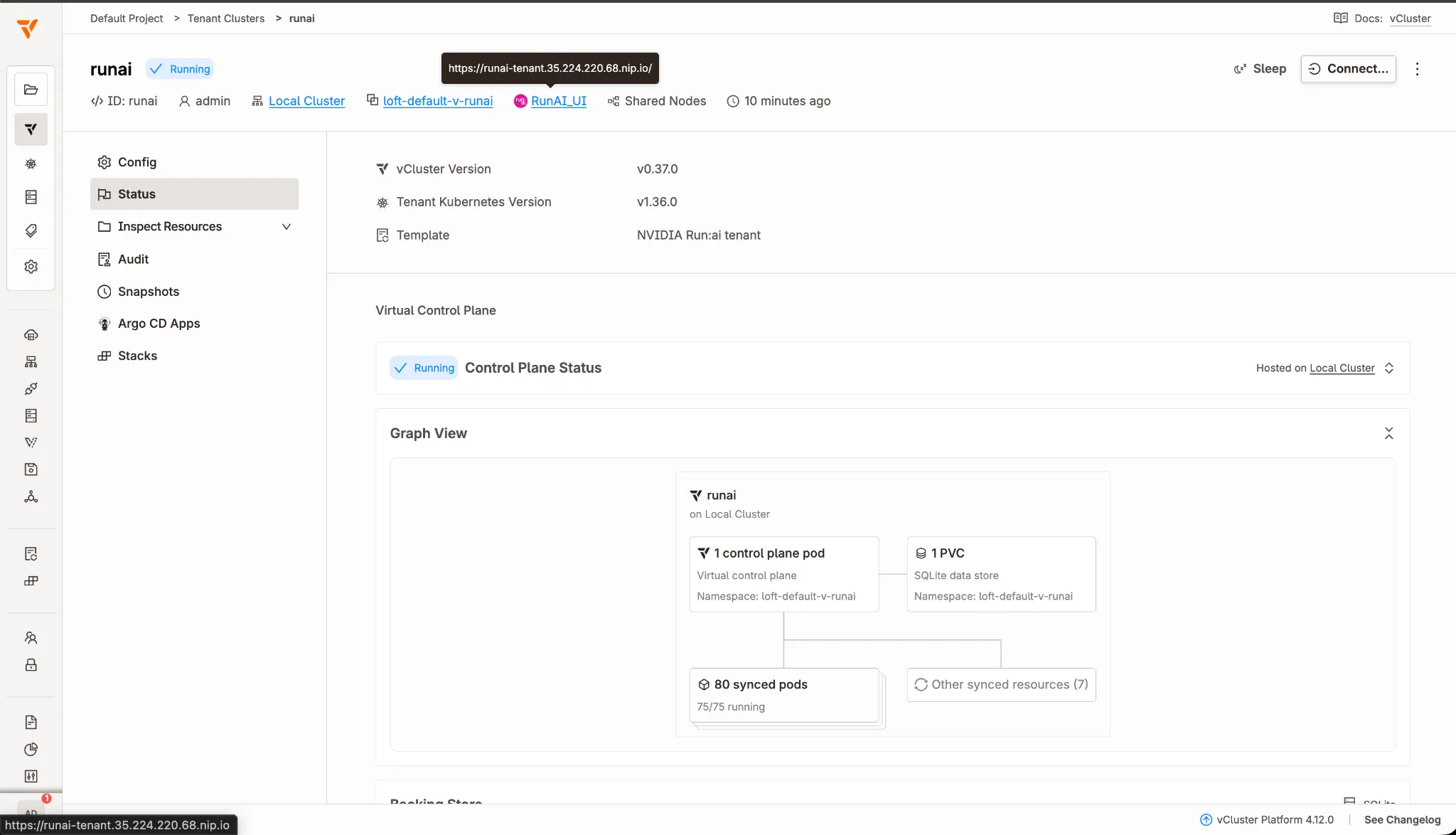 The tenant status page showing the tenant as Running with a RunAI_UI link