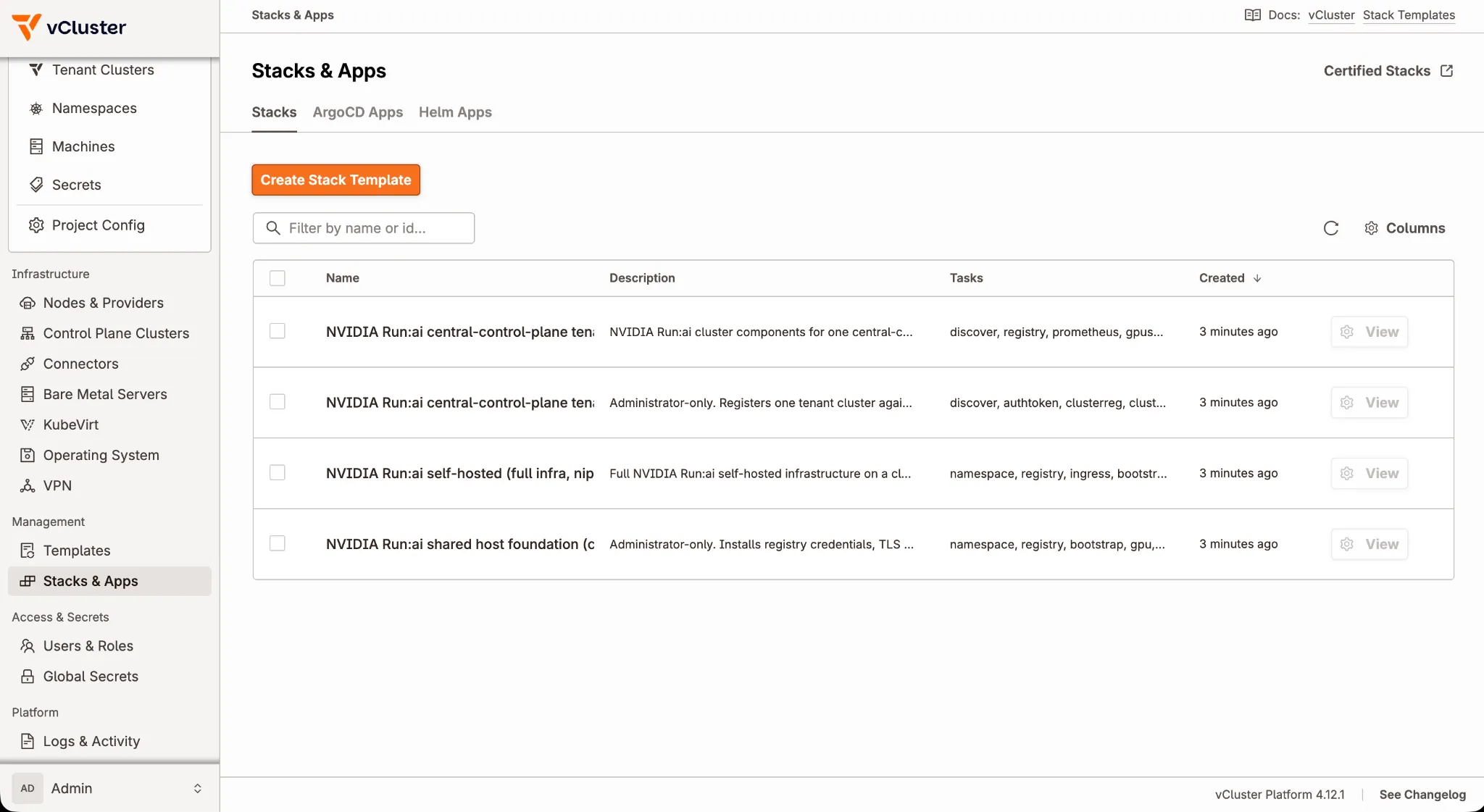 The Stacks catalog in vCluster Platform listing the NVIDIA Run:ai deployment models
