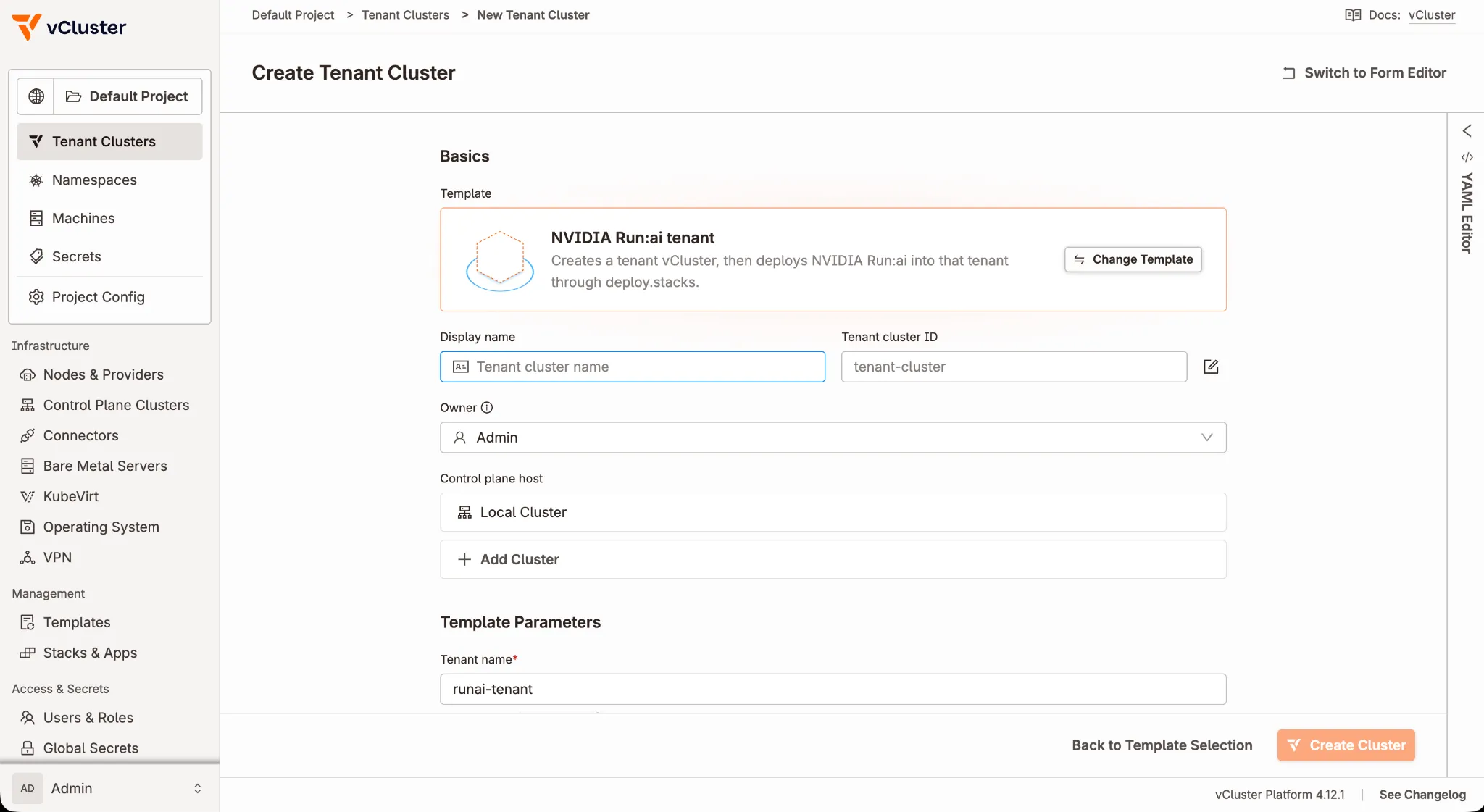 The tenant cluster creation form with the NVIDIA Run:ai tenant template and host selected