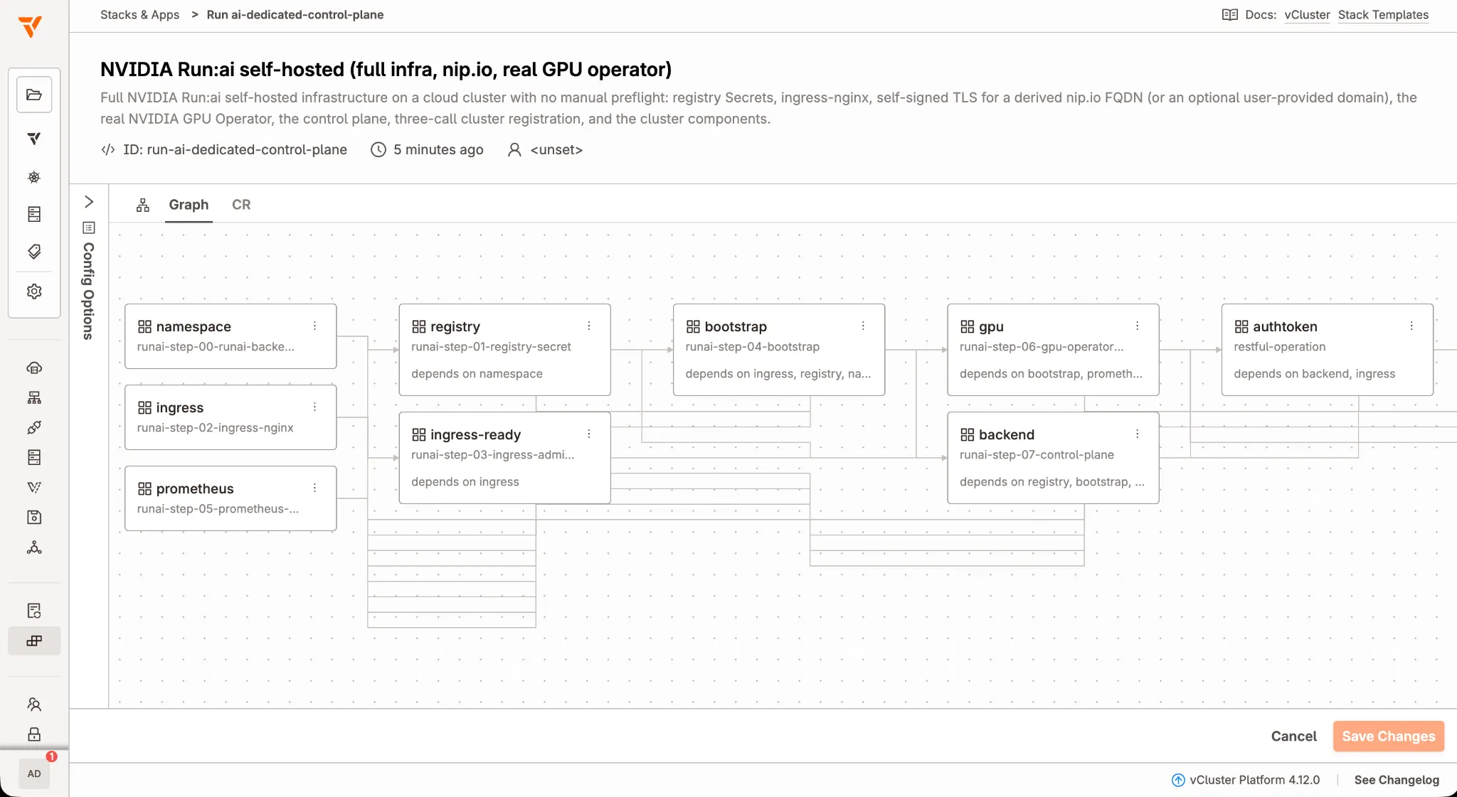 Task graph of the dedicated NVIDIA Run:ai Stack showing which tasks depend on earlier work