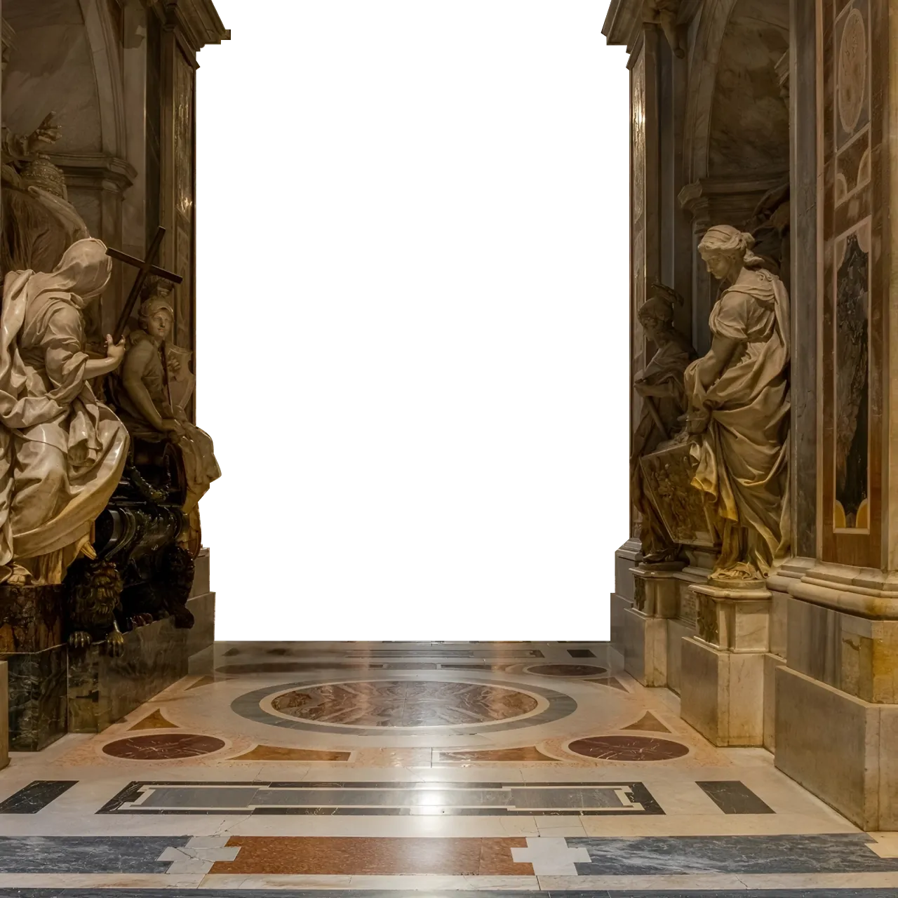 Ornate golden hallway with marble floor and columns.
