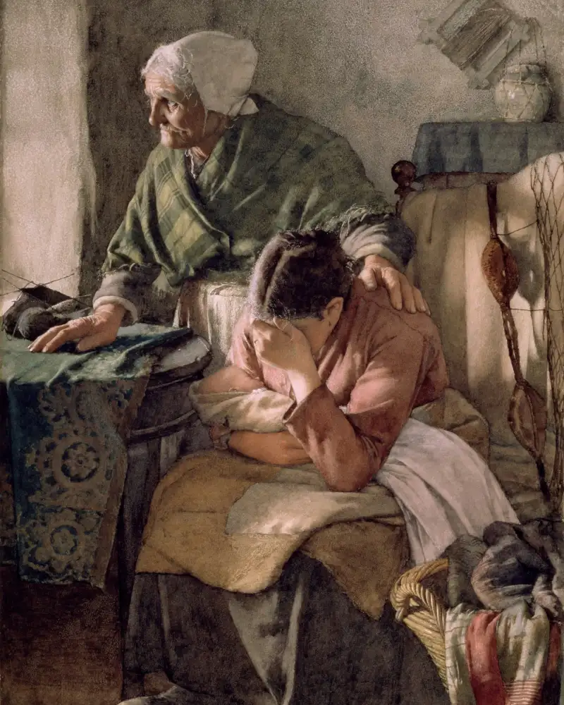 Historical artwork of an elderly man teaching a seated woman.