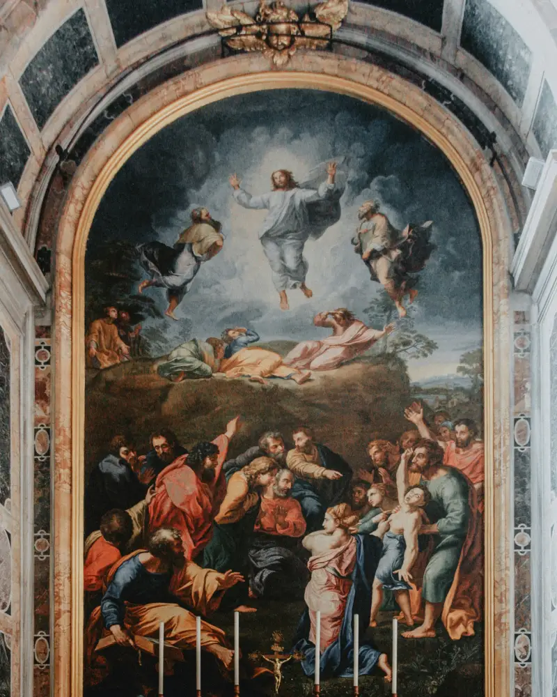 Religious artwork of a crowded scene inside an arched structure.
