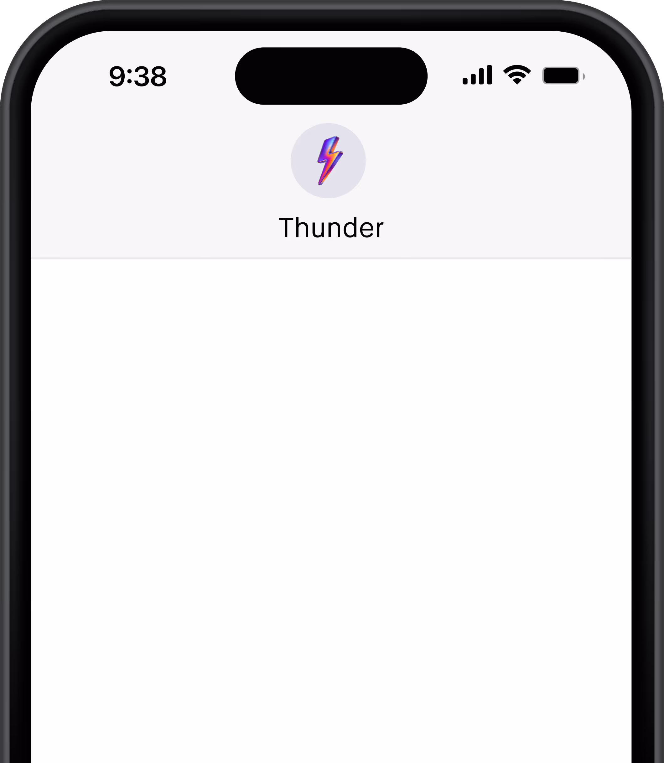 Top part of a smartphone screen showing 9:38 time, cellular signal, Wi-Fi, battery icons, and an app named Thunder with a lightning bolt icon.