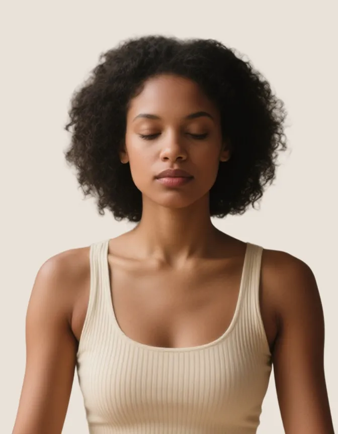 Yoga teacher portrait in beige tank top