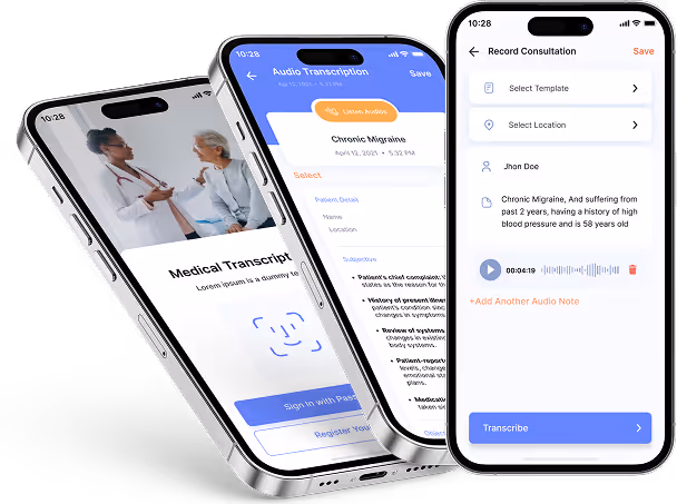 DocuMed AI mobile interface displaying medical transcription, audio transcription, and consultation recording features