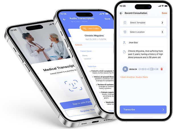 DocuMed AI mobile interface displaying medical transcription, audio transcription, and consultation recording features