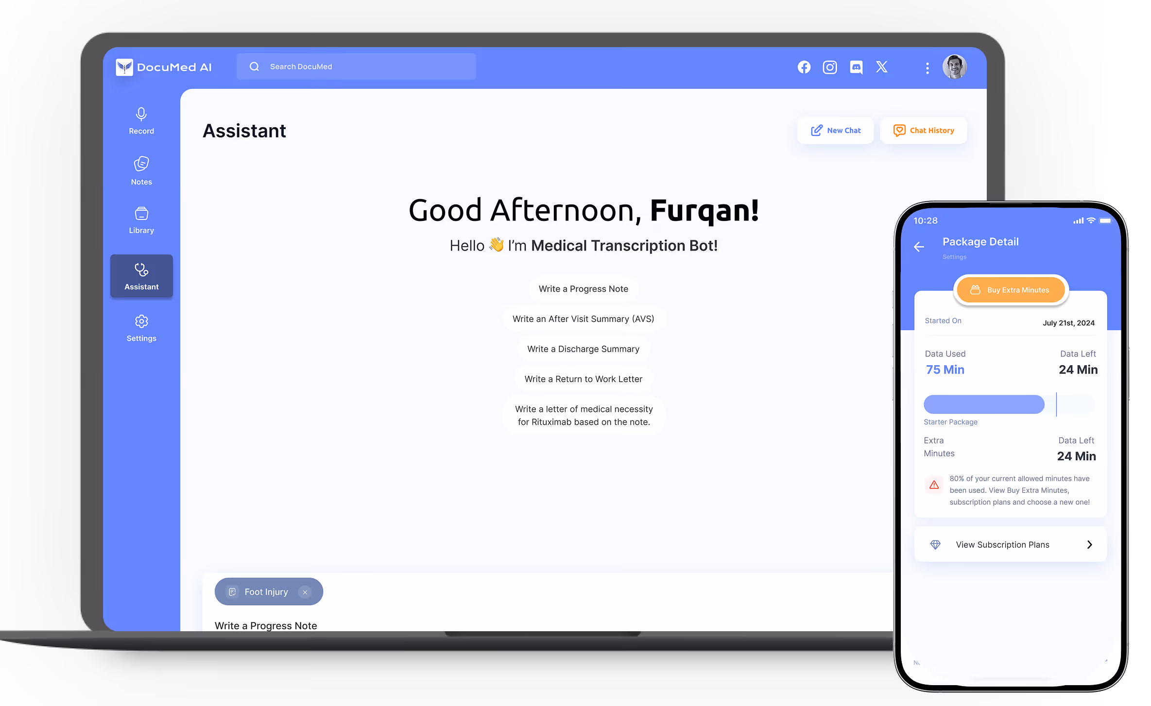 DocuMed AI medical scribe interface displaying personalized greeting and clinical notes on laptop and mobile