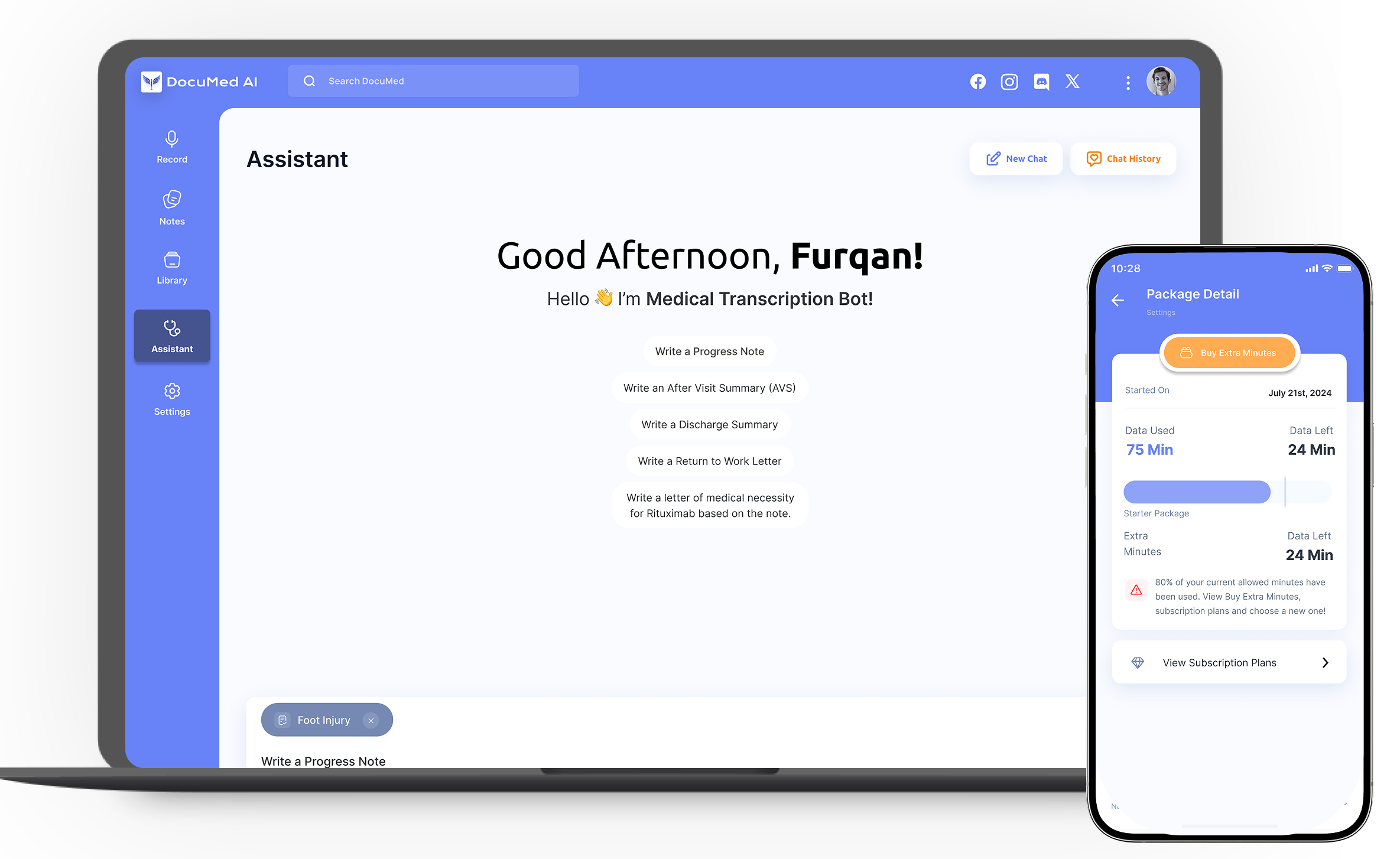 DocuMed AI medical scribe interface displaying personalized greeting and clinical notes on laptop and mobile