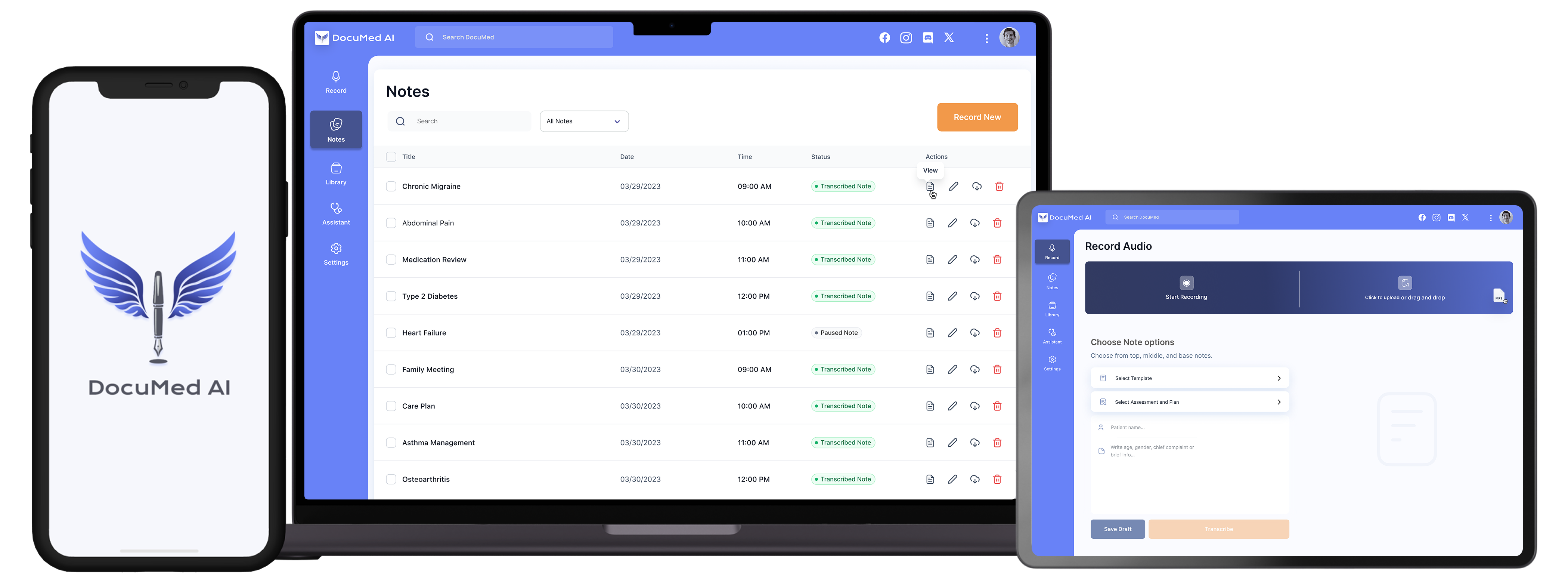 DocuMed AI medical scribe software running on mobile, laptop, and tablet