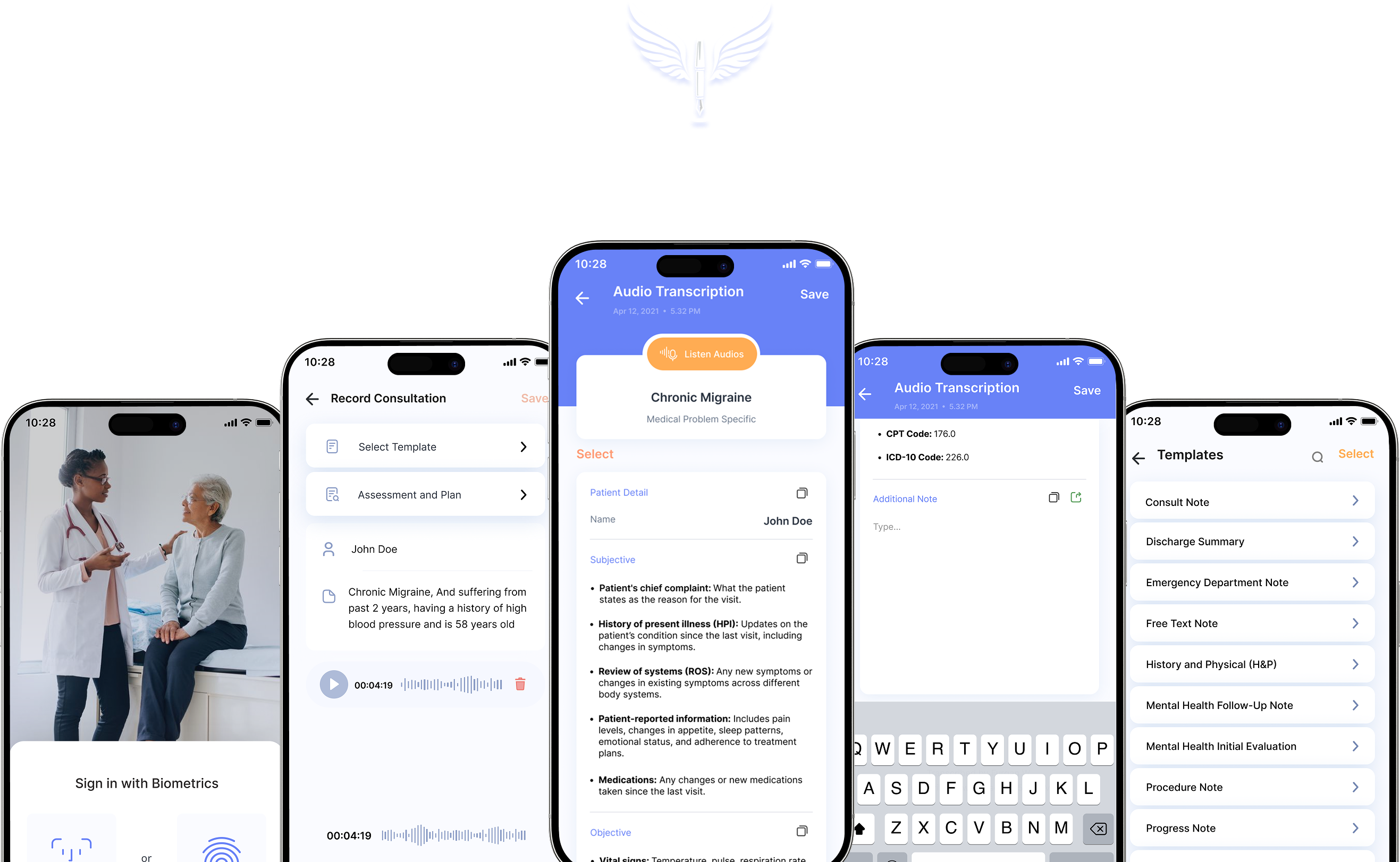 DocuMed AI medical scribe interface showing audio transcription, consultation recording, and templates across multiple screens