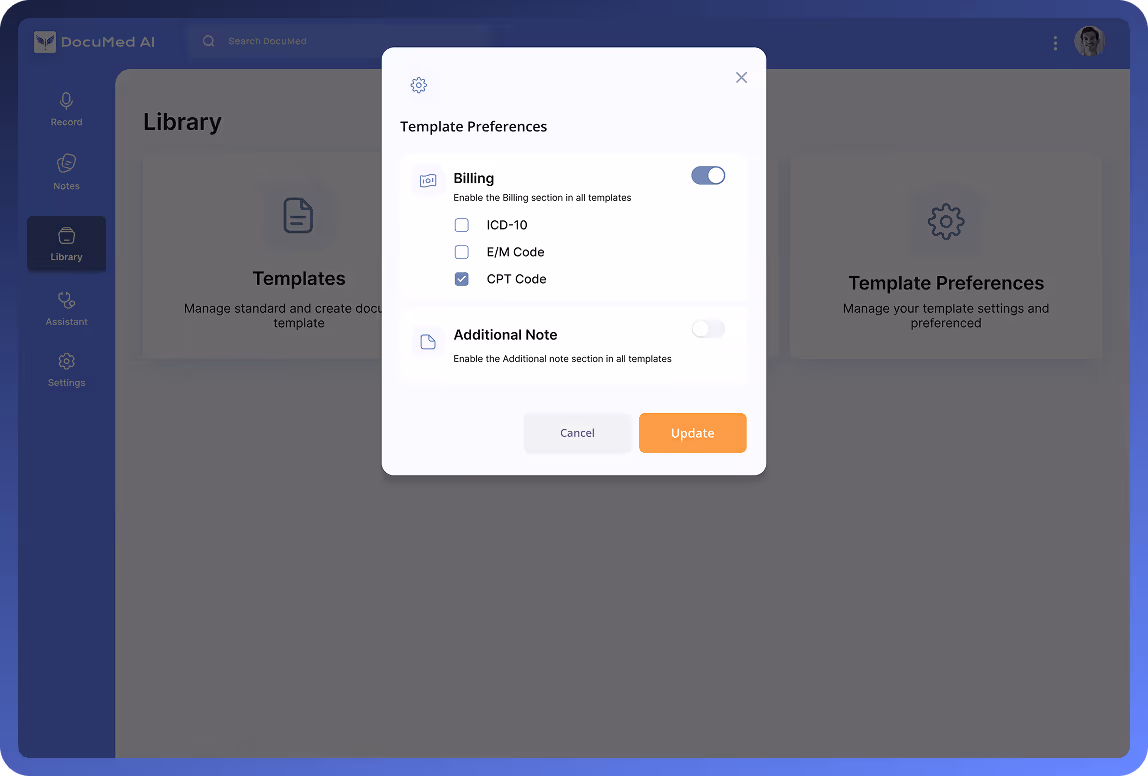 DocuMed AI template library with template preferences overlay showing customization options