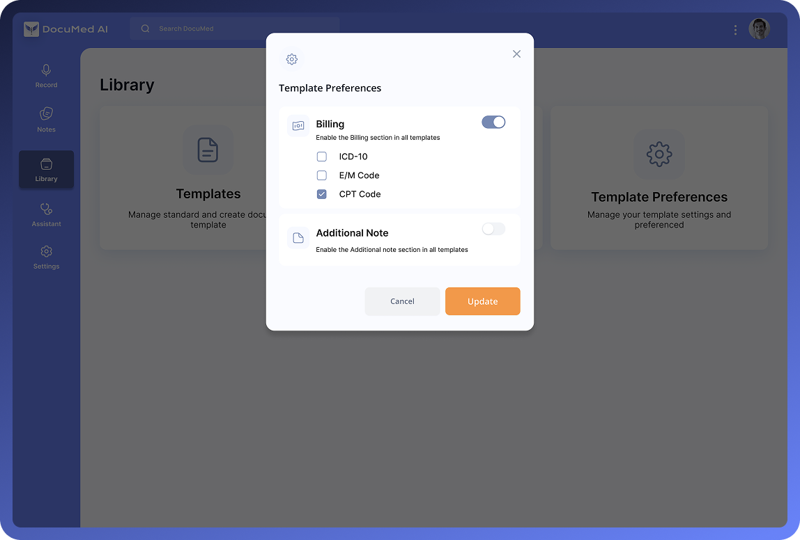 DocuMed AI template library with template preferences overlay showing customization options