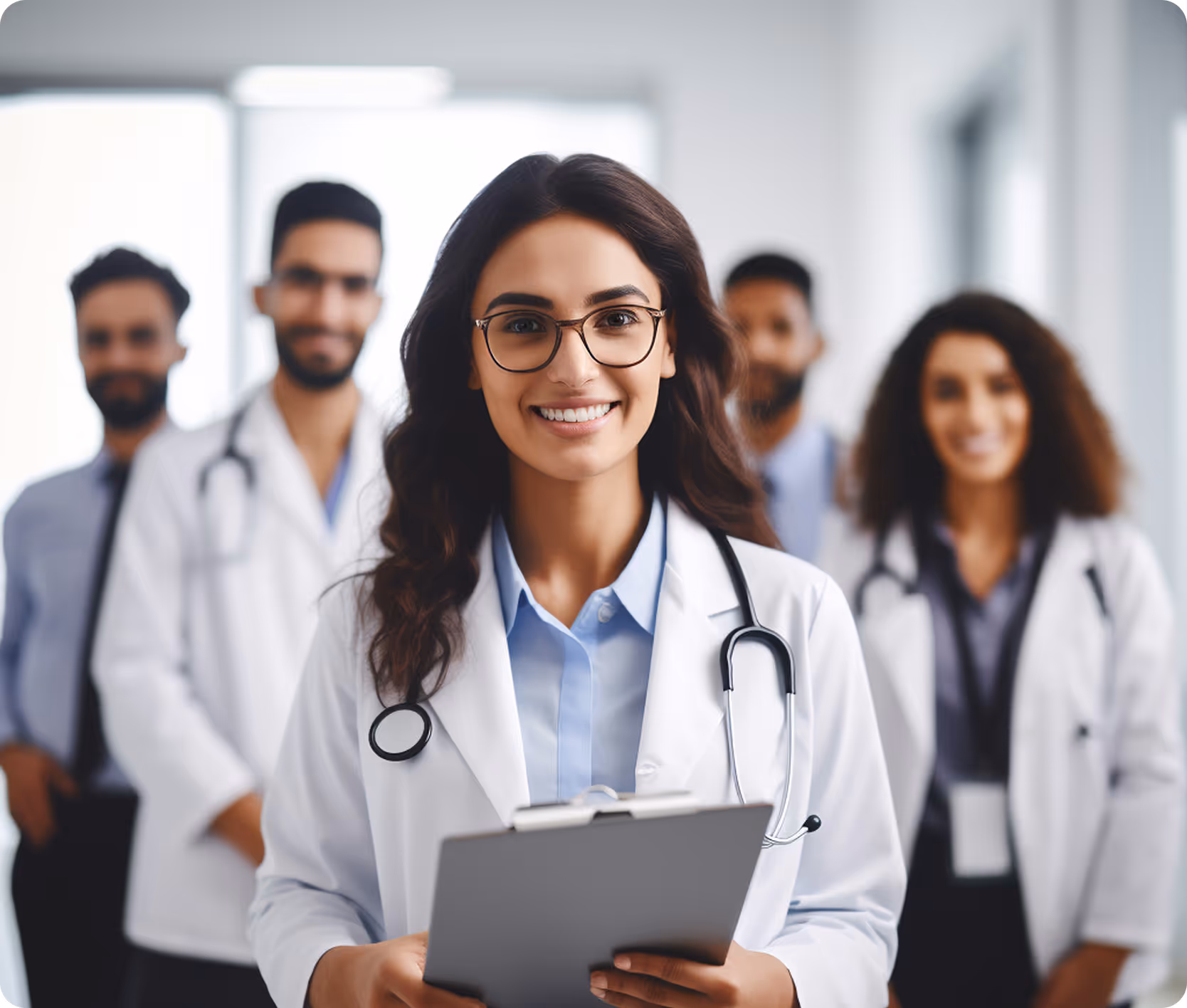 Female physician in white coat with stethoscope holding a clipboard, with blurred colleagues in background