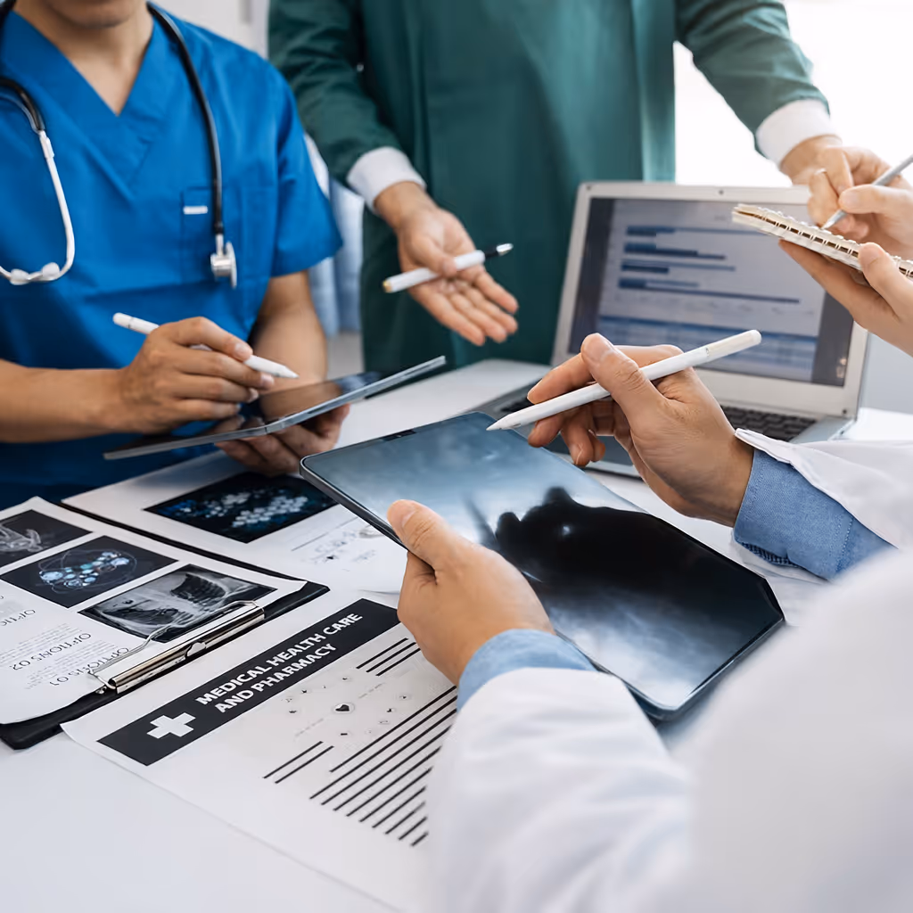 Four healthcare professionals sitting around a table collaborating with documents, tablets, and notepads