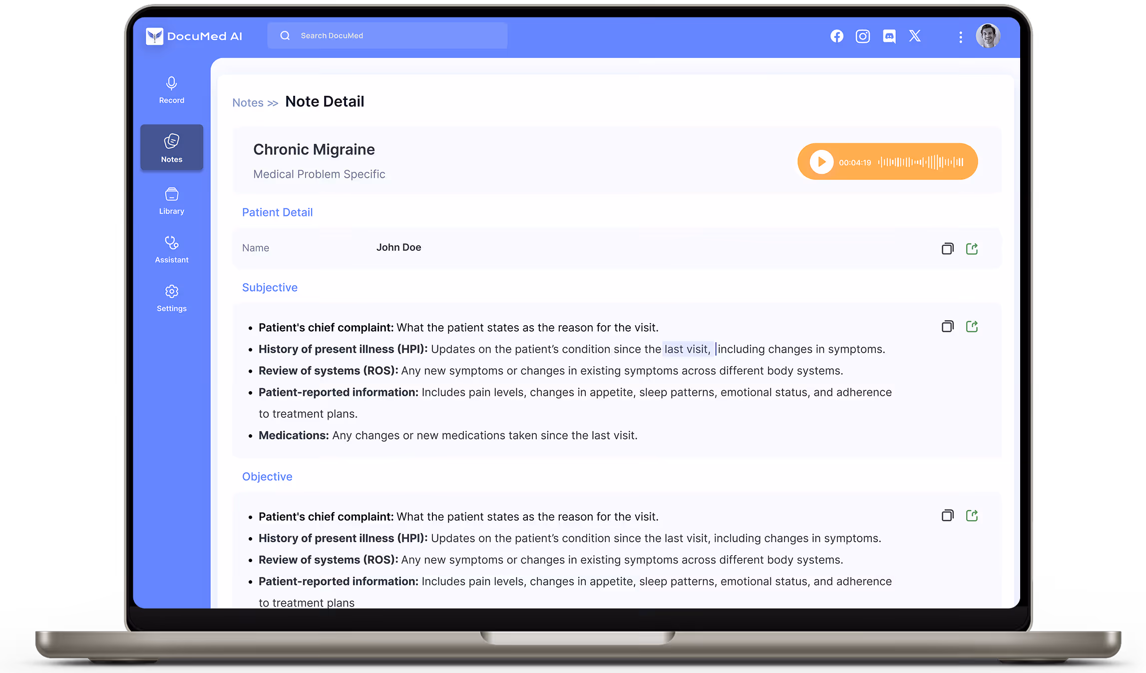 Clinician reviewing AI medical documentation for a patient presenting with chronic migraine in the DocuMed AI workspace