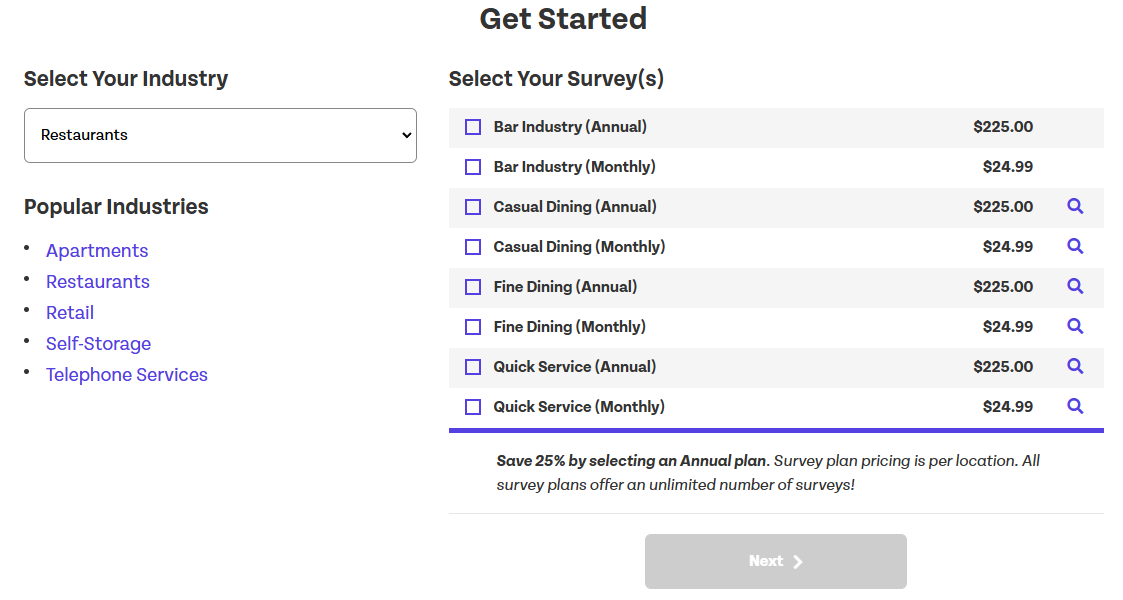 CustomerOptix survey form for the restaurant industry