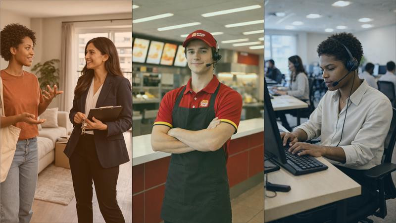 Diverse workers in property management, fast food, and call center settings 