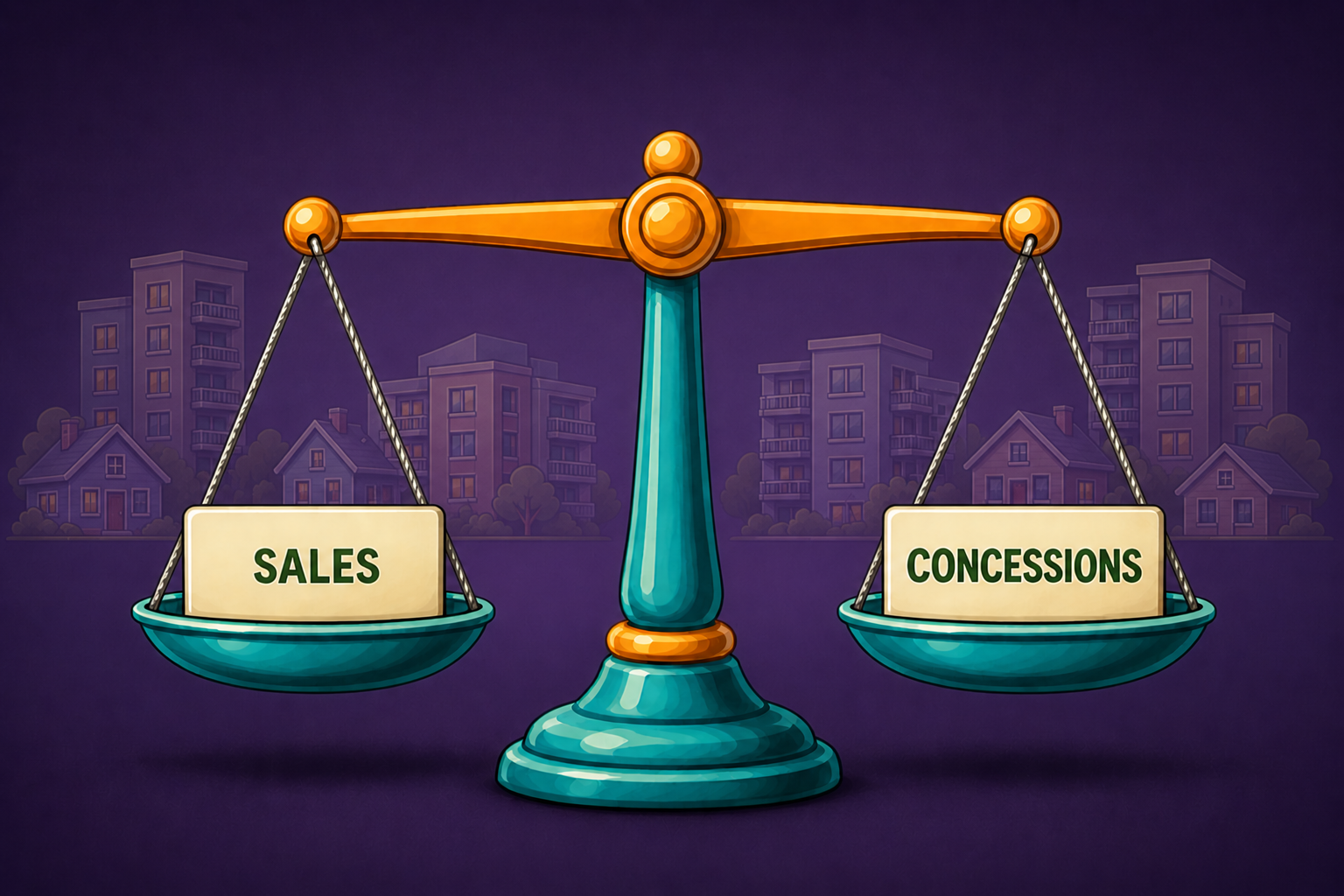 Balance scale equally weighing sales and concessions