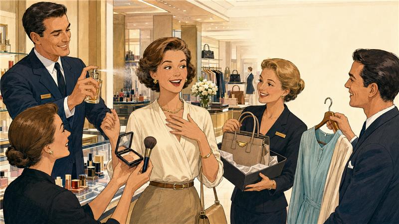 Cartoon image of a woman in department store being serviced by 3 different sales people