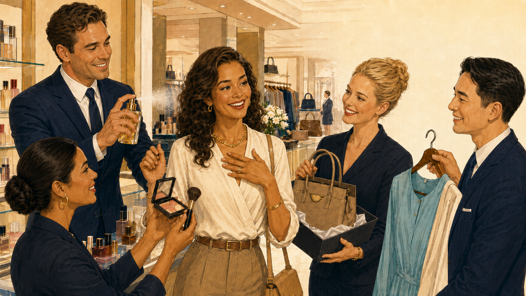 Cartoon image of a woman in department store being serviced by 3 different sales people