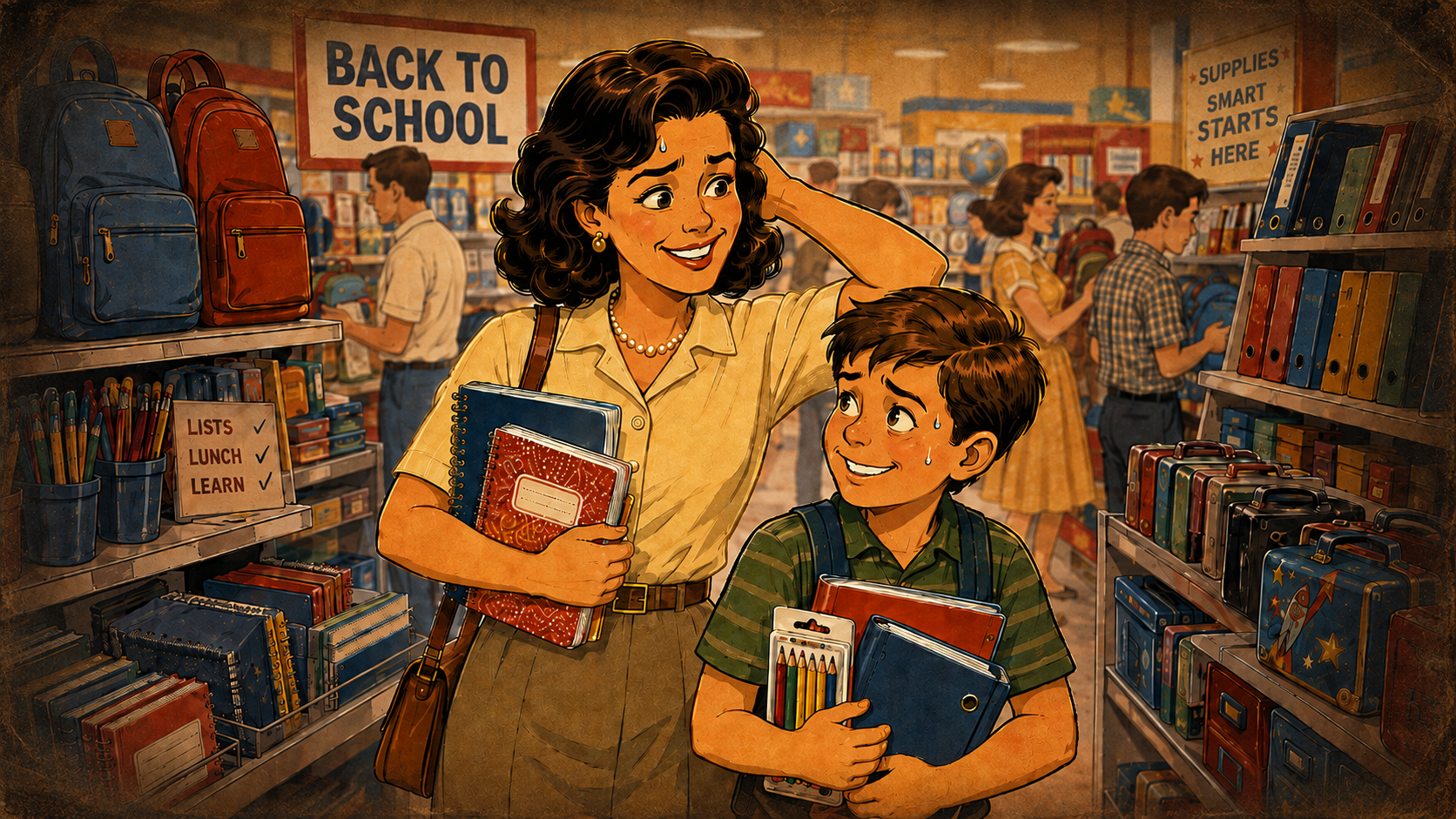 Stressed Mom and child at a back-to-school retailer