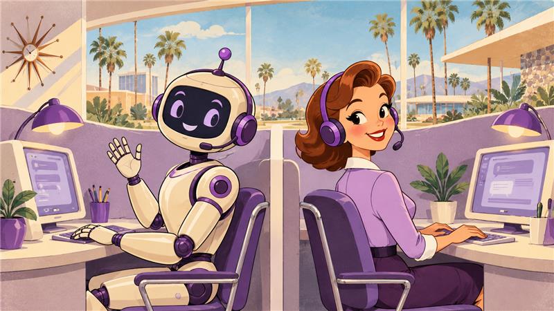 Human and robot sitting back to back at a help center
