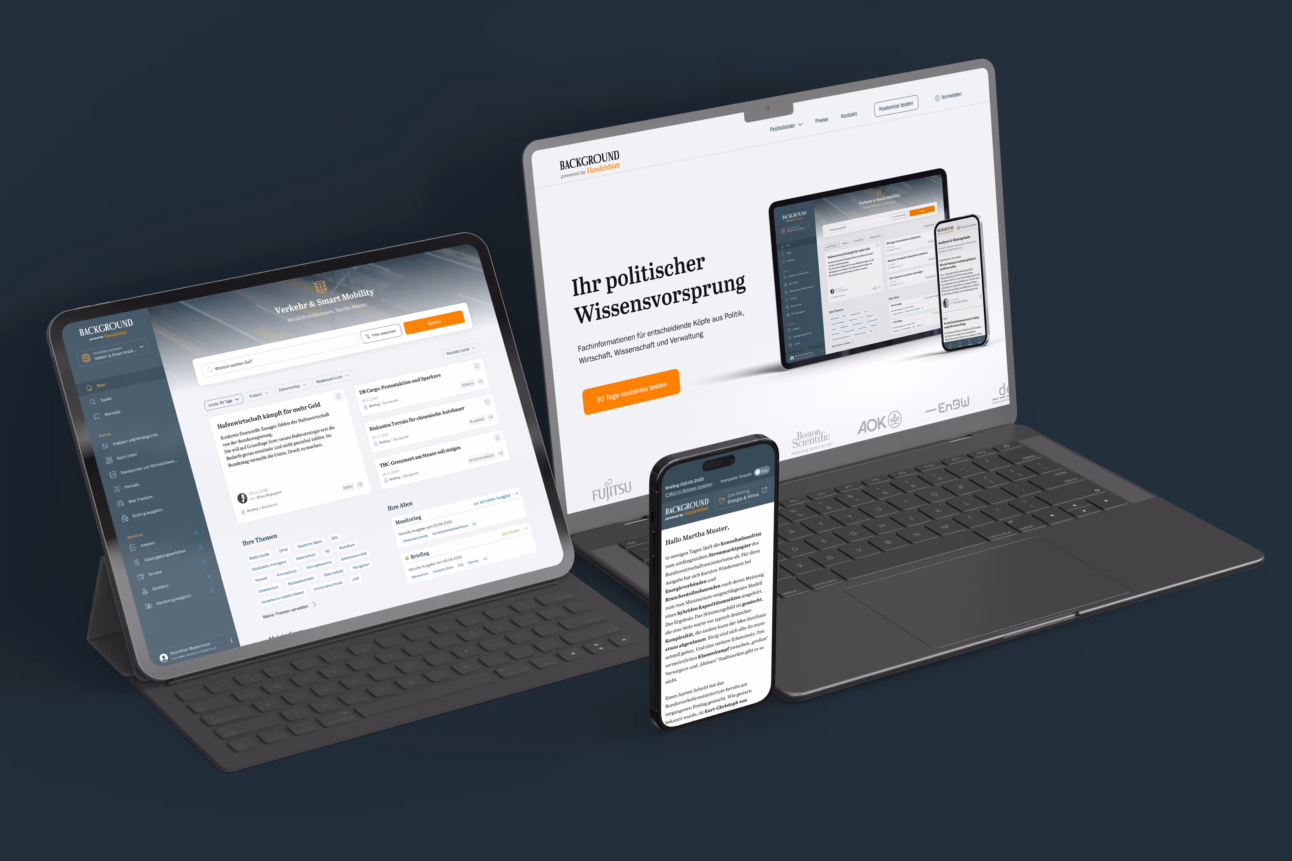 Tablet, laptop, and smartphone displaying a German political knowledge platform called Background powered by Handelsblatt.