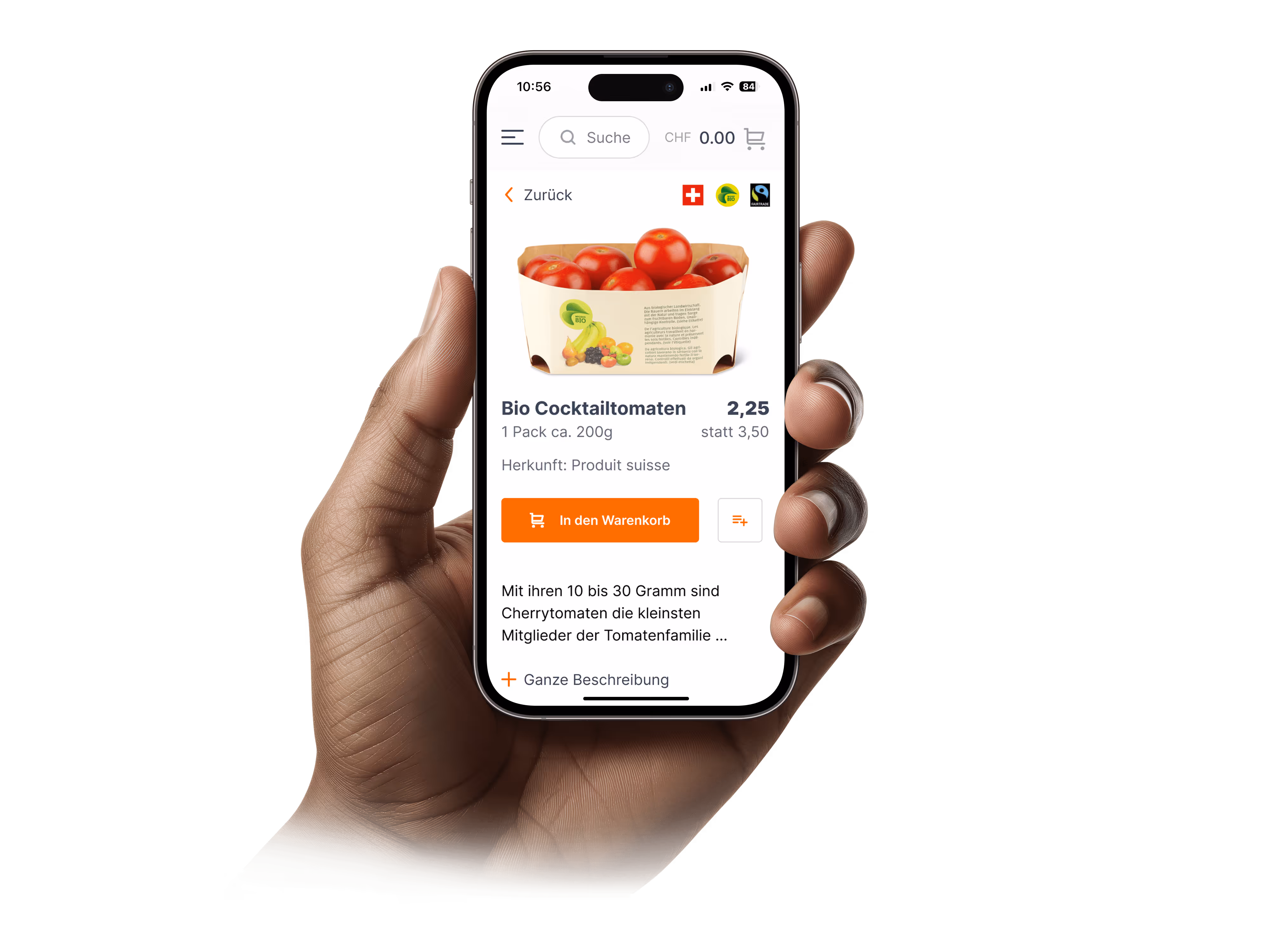 Hand holding a smartphone displaying an online shop product detail page for organic cocktail tomatoes priced at 2.25 CHF per pack.