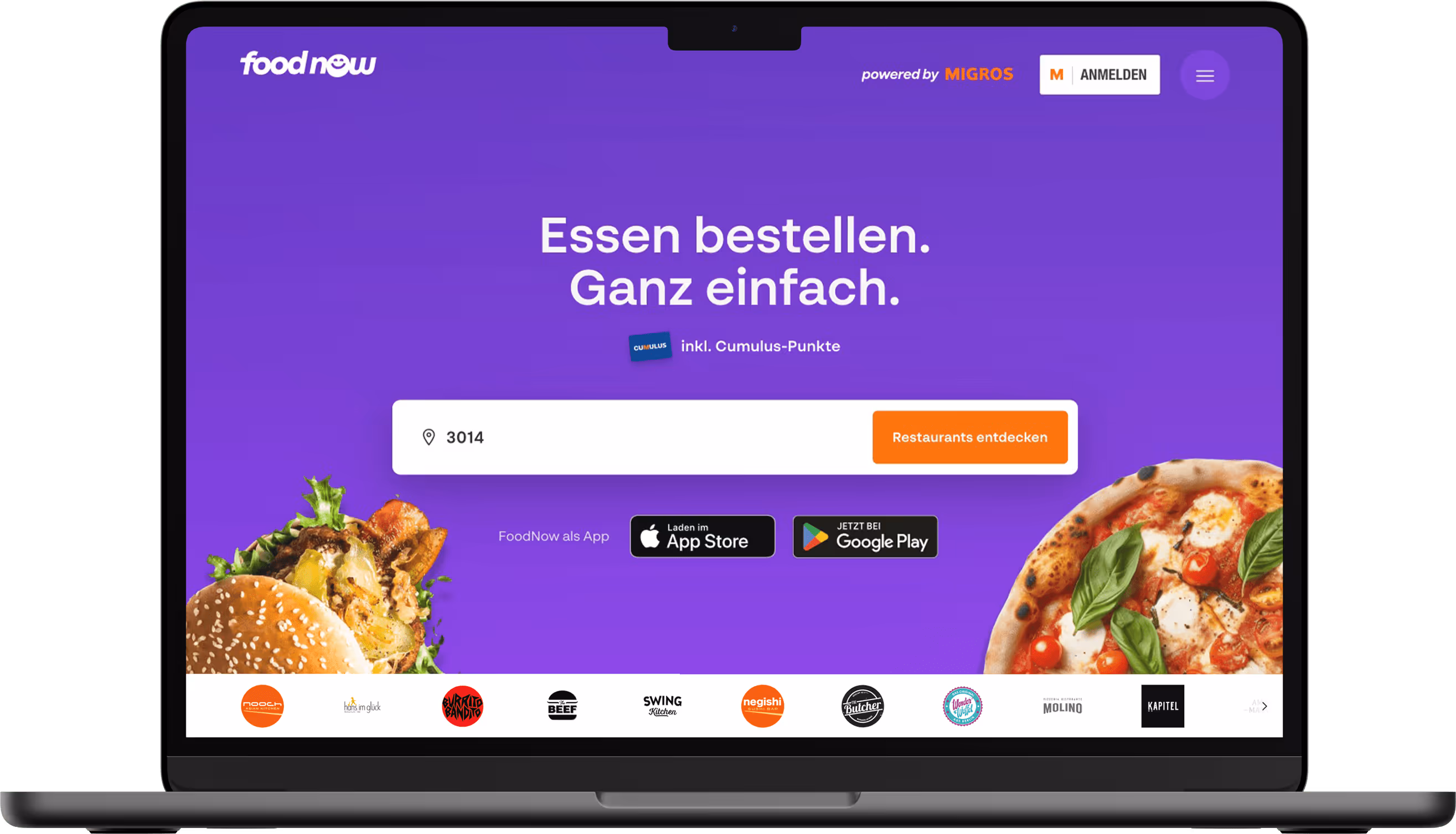 Foodnow landingpage website on laptop screen with purple background, search bar for postal code, burger image on left, pizza image on right, and restaurant logos below.