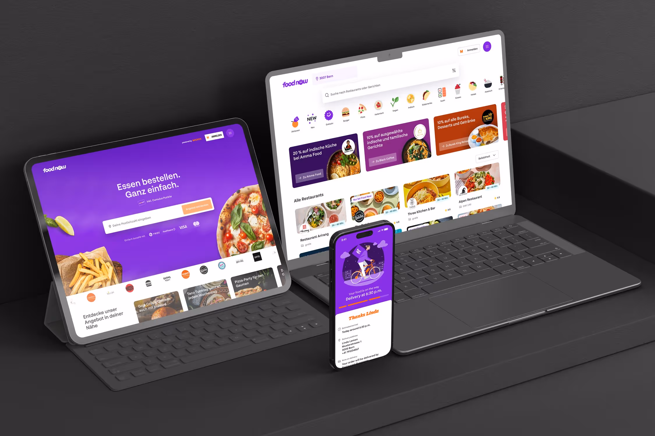 Tablet, laptop, and smartphone displaying a food delivery platform with menus, restaurant listings, and delivery status as responsive design.