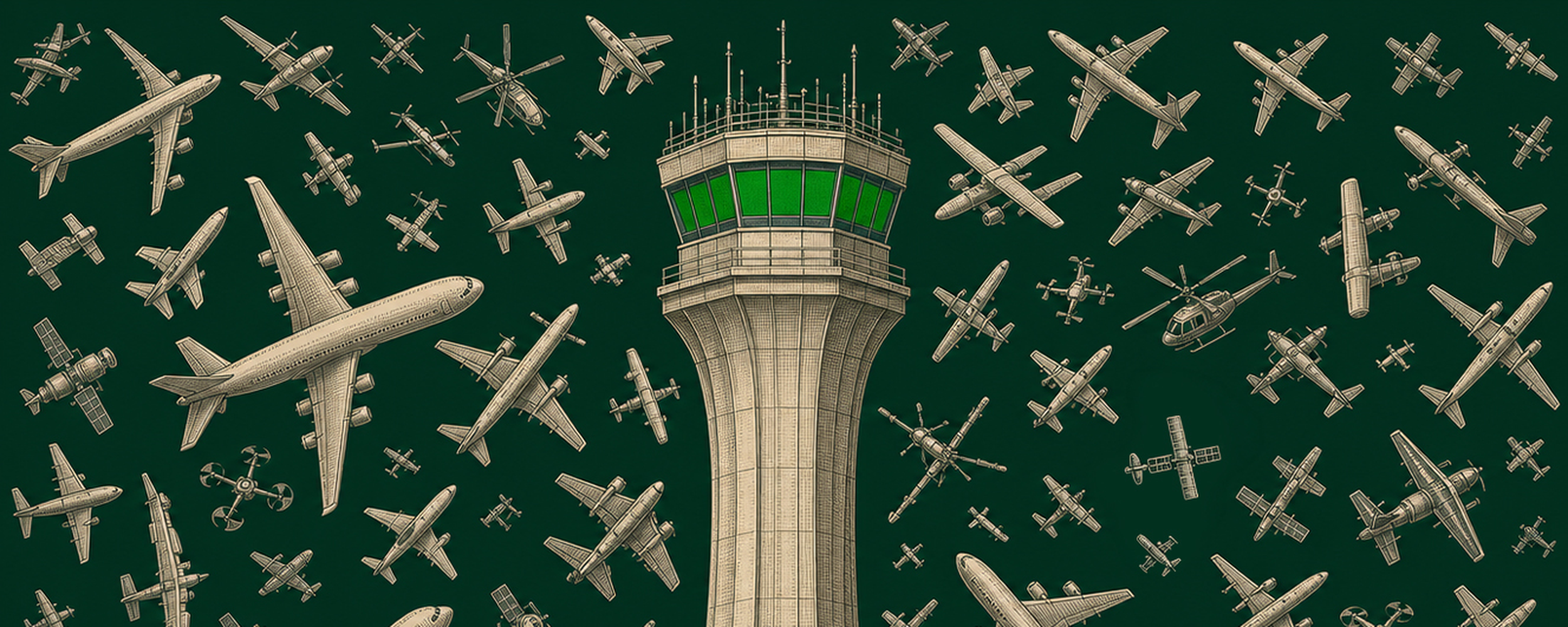 Air traffic control tower overseeing aircraft, representing oversight of AI agents