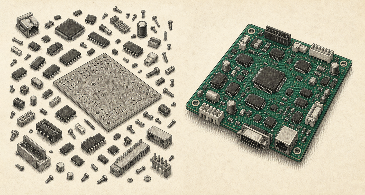 Loose circuit board components scattered on the left, a fully assembled green circuit board on the right