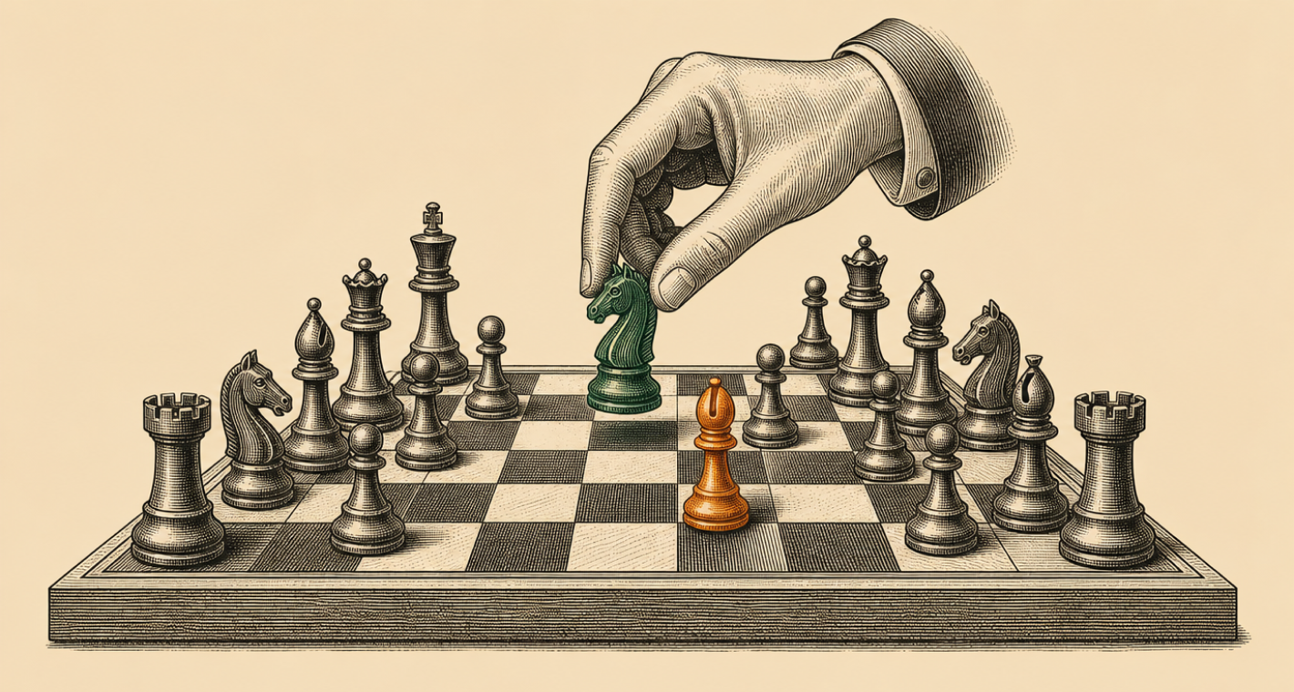 Vintage-style engraved illustration of a hand in a shirt cuff placing a green knight onto a chessboard, facing an orange pawn across the middle of the board. The remaining pieces are rendered in neutral gray line work against a cream background.