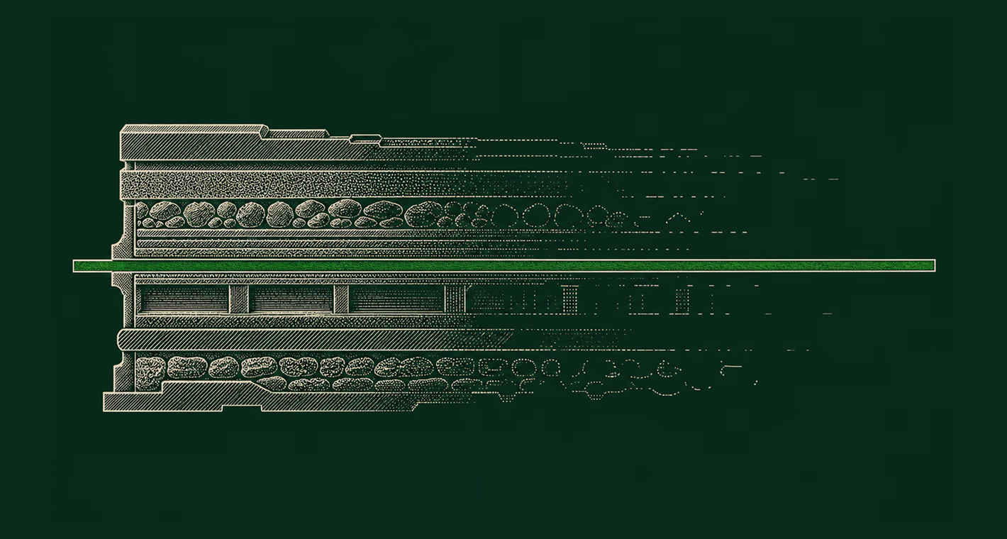 Engraved-style cross-section of stacked layers (stone, timber, and hatched bands) on a dark green background. The layers dissolve into dotted outlines toward the right, and a bright green horizontal line cuts straight through the middle of them.