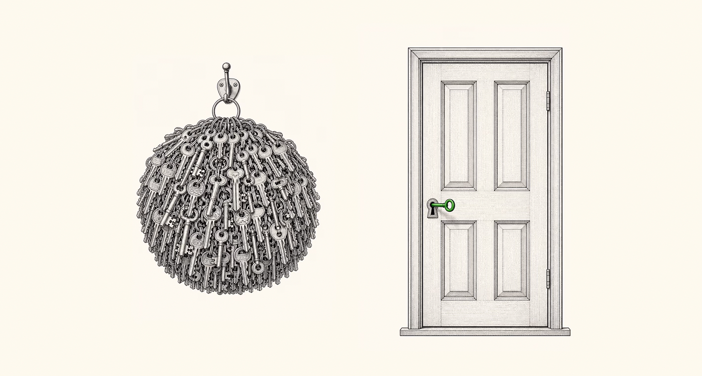 Illustration contrasting a massive tangled ball of keys on a hook with a single door opened by one green key, suggesting one focused solution in place of a pile of disconnected tools.
